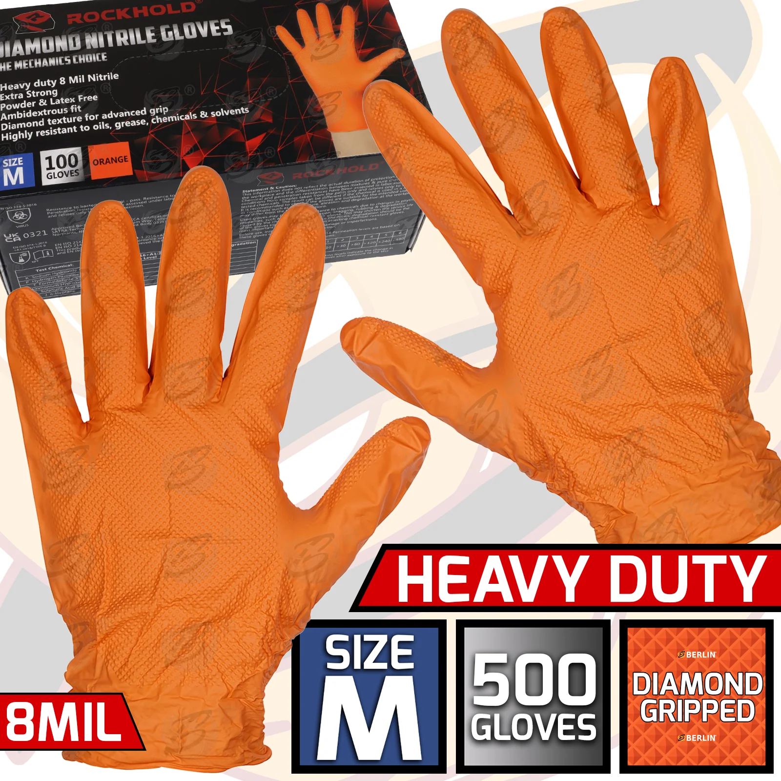 Rockhold Heavy Duty Orange 8 Mil Nitrile Diamond Grip Gloves ( Medium – 500 Gloves )  90012 / M ( 5 BOXES )