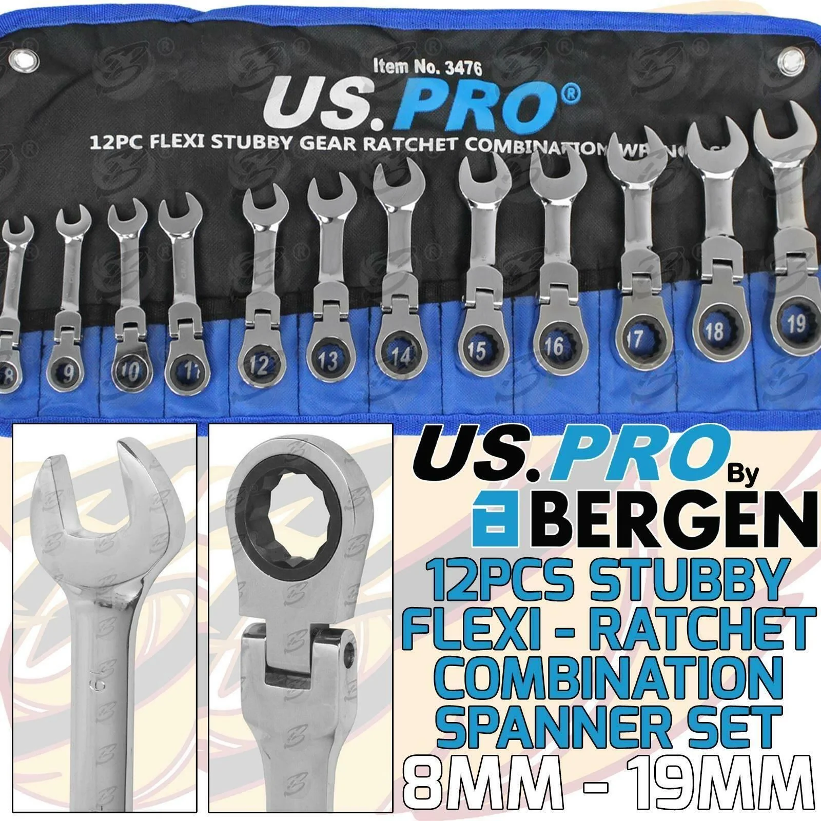US Pro 12 Piece Combination Stubby Flexible Ratchet Spanner Set 8mm – 19mm  3476