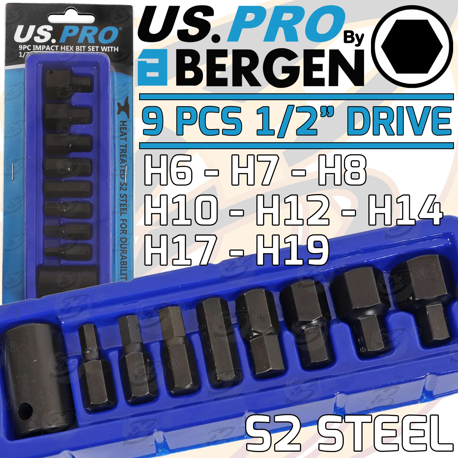 US Pro 9 Piece 1/2″ Drive Impact Hex Bit Sockets H6 – H19  3997