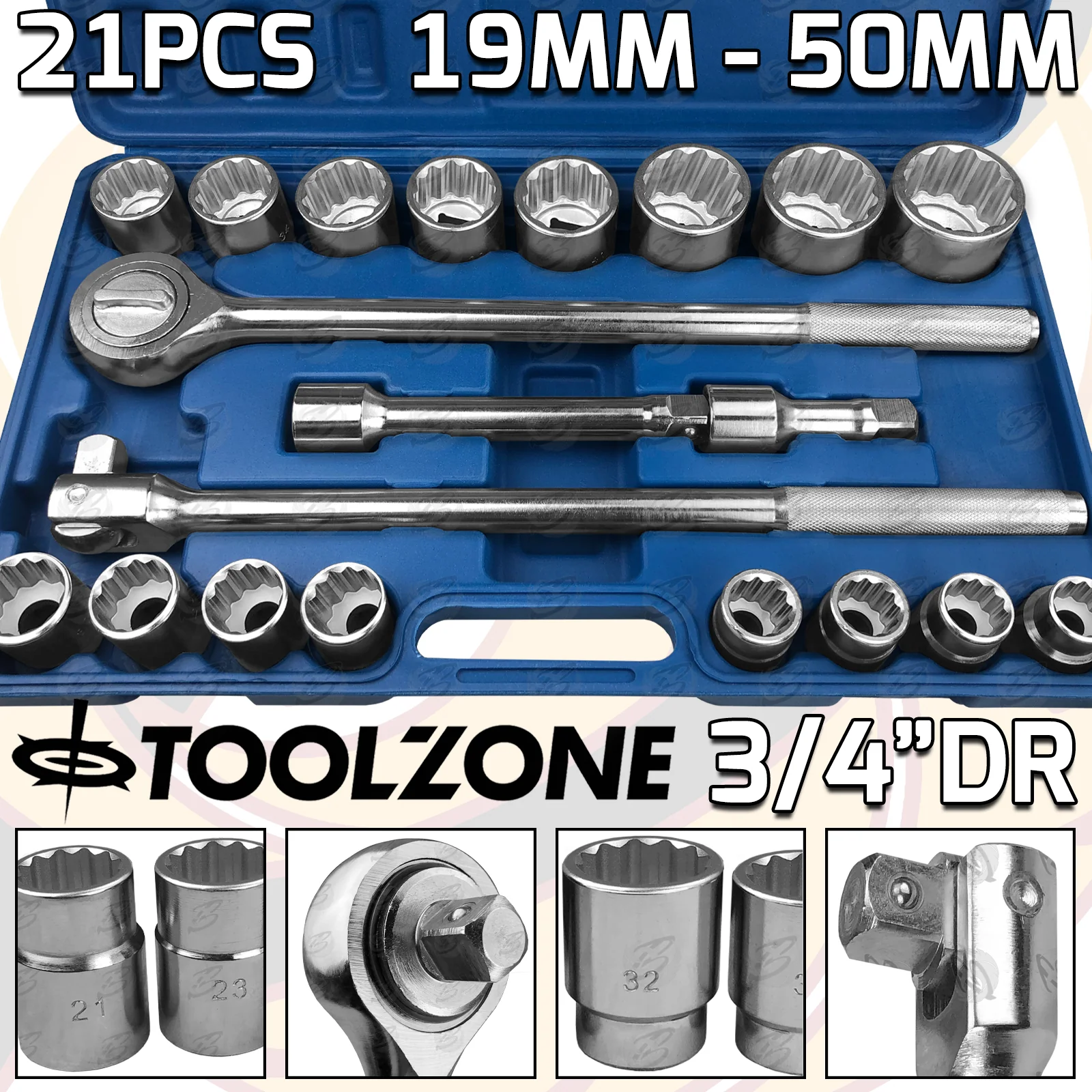 Toolzone 21 Piece 3/4″ Drive 12 Point Socket Set 19mm – 50mm ( SS116 ( 12PT ) )