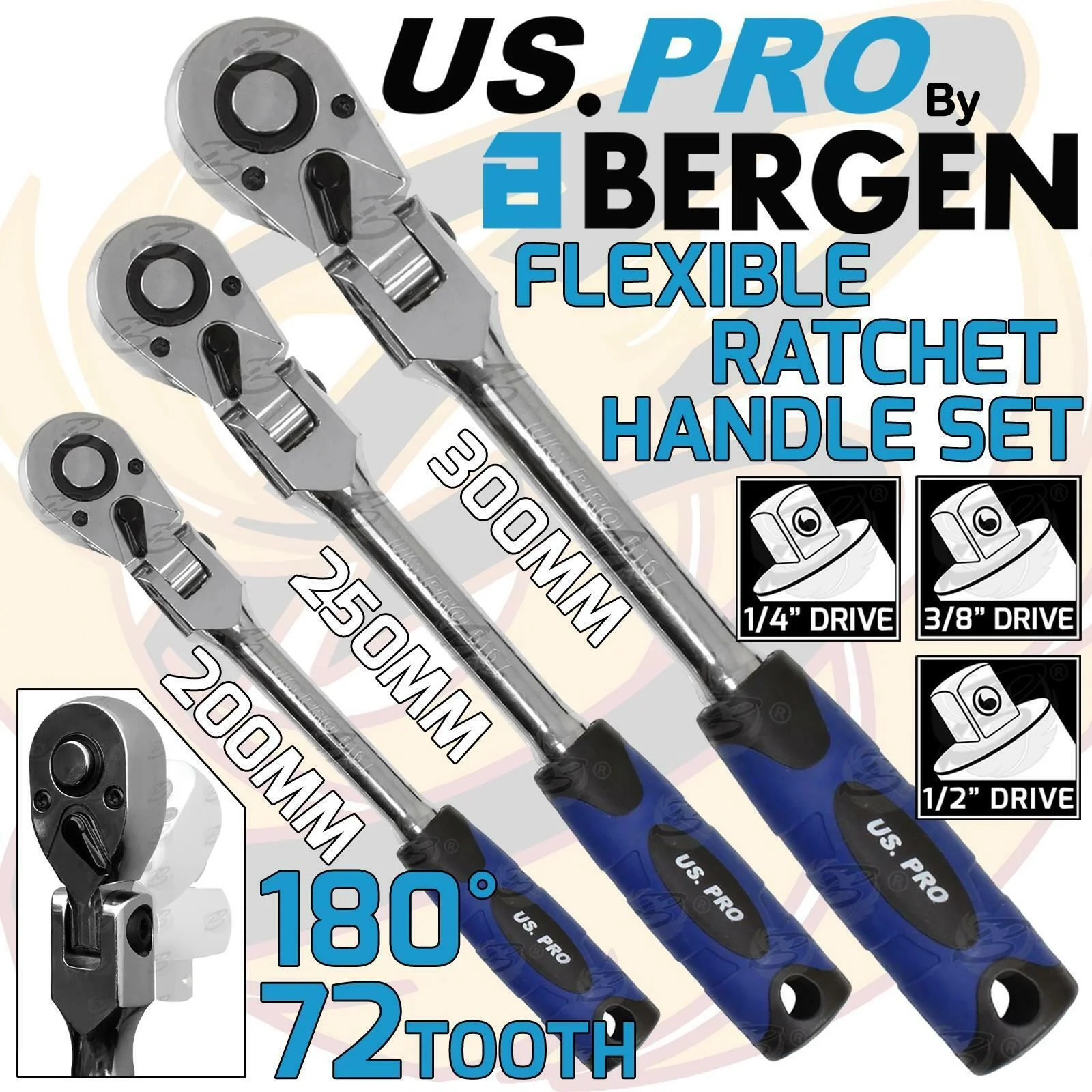US Pro 3 Piece 1/4″ & 3/8″ & 1/2″ Drive 72 Tooth Flexi Ratchet Handles  4209