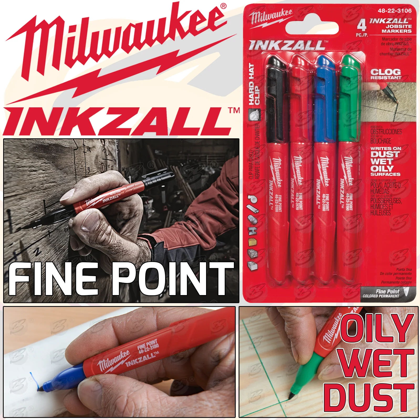 Milwaukee Inkzall Fine Point All Surface Marker Pens ( x 4 ) ( 48223106 )