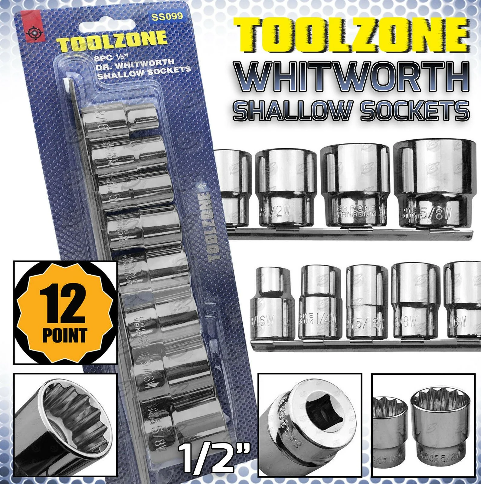 Toolzone 8 Piece 1/2″ Drive 12 Point Whitworth Shallow Sockets ( SS099 )