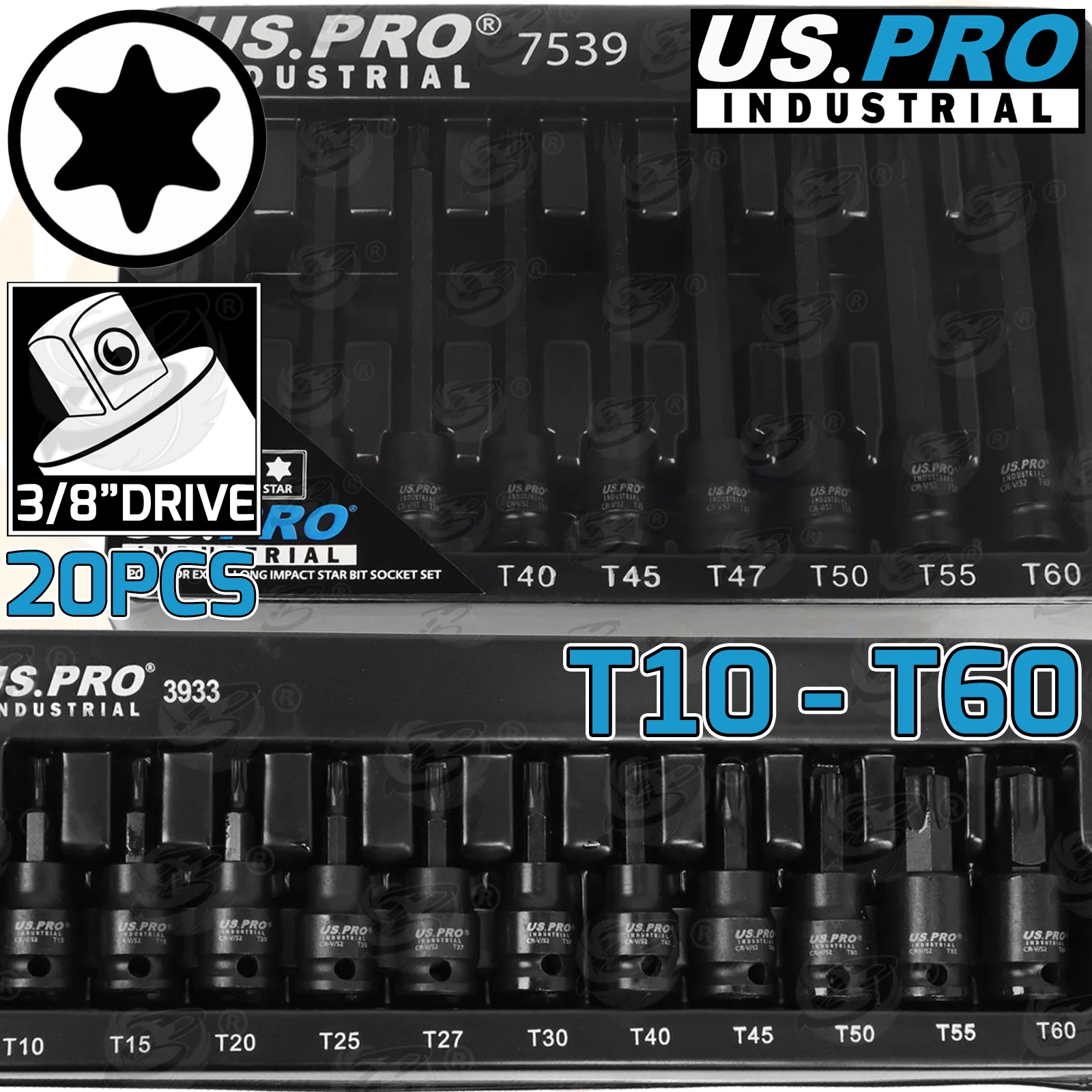 US Pro Impact 20 Piece 3/8″ Drive Long & Short Torx Bit Socket Set T10 – T60  7539 & 3933