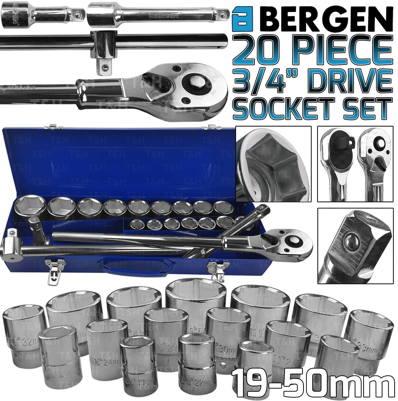 US Pro 20 Piece 3/4″ Drive 6 Point Socket Set 19mm – 50mm  1384