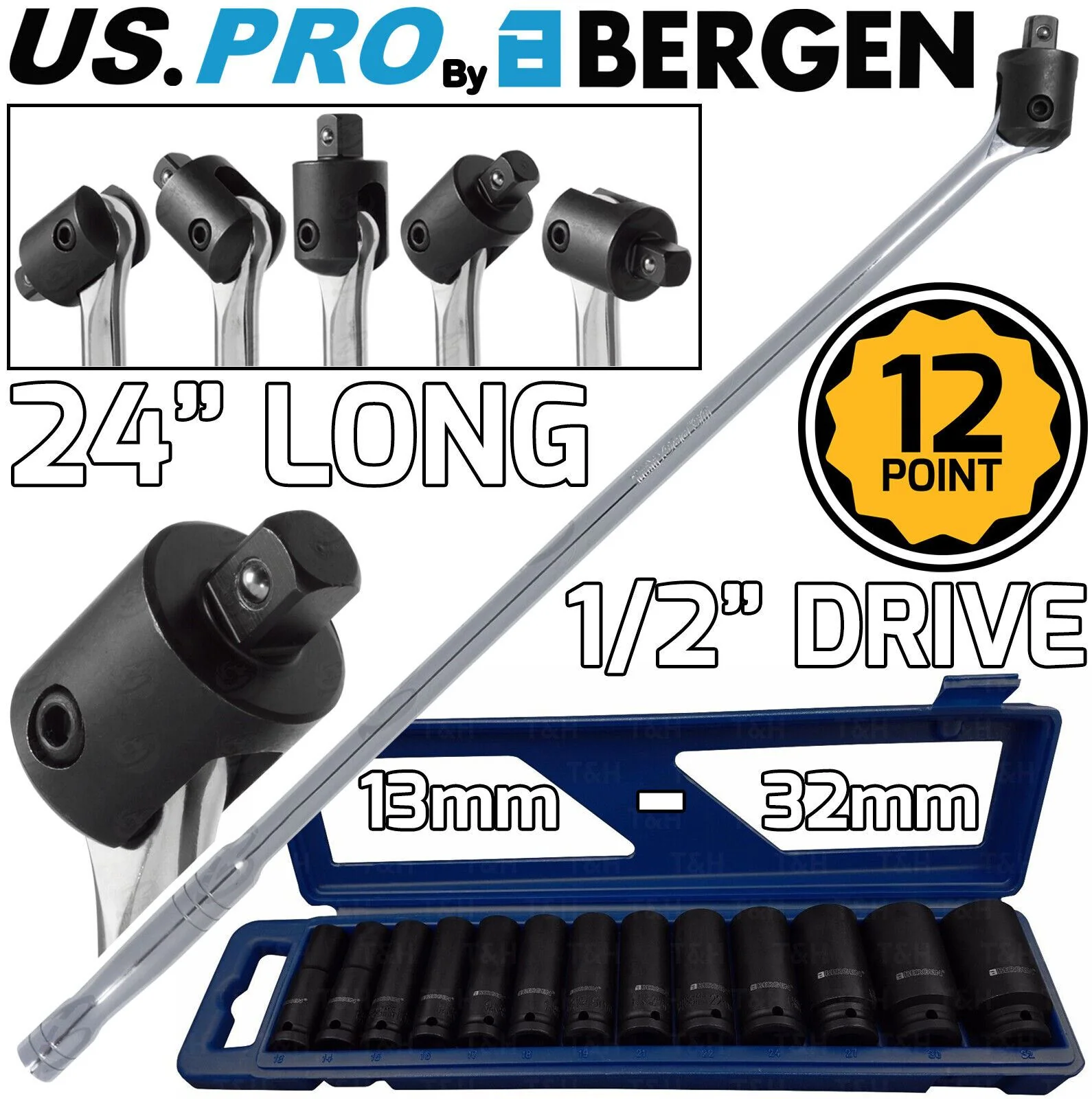 Bergen 12 Point Deep Impact Sockets & Breaker Bar 1/2″ Drive 24″ Long Strong Arm  2072 & 1683
