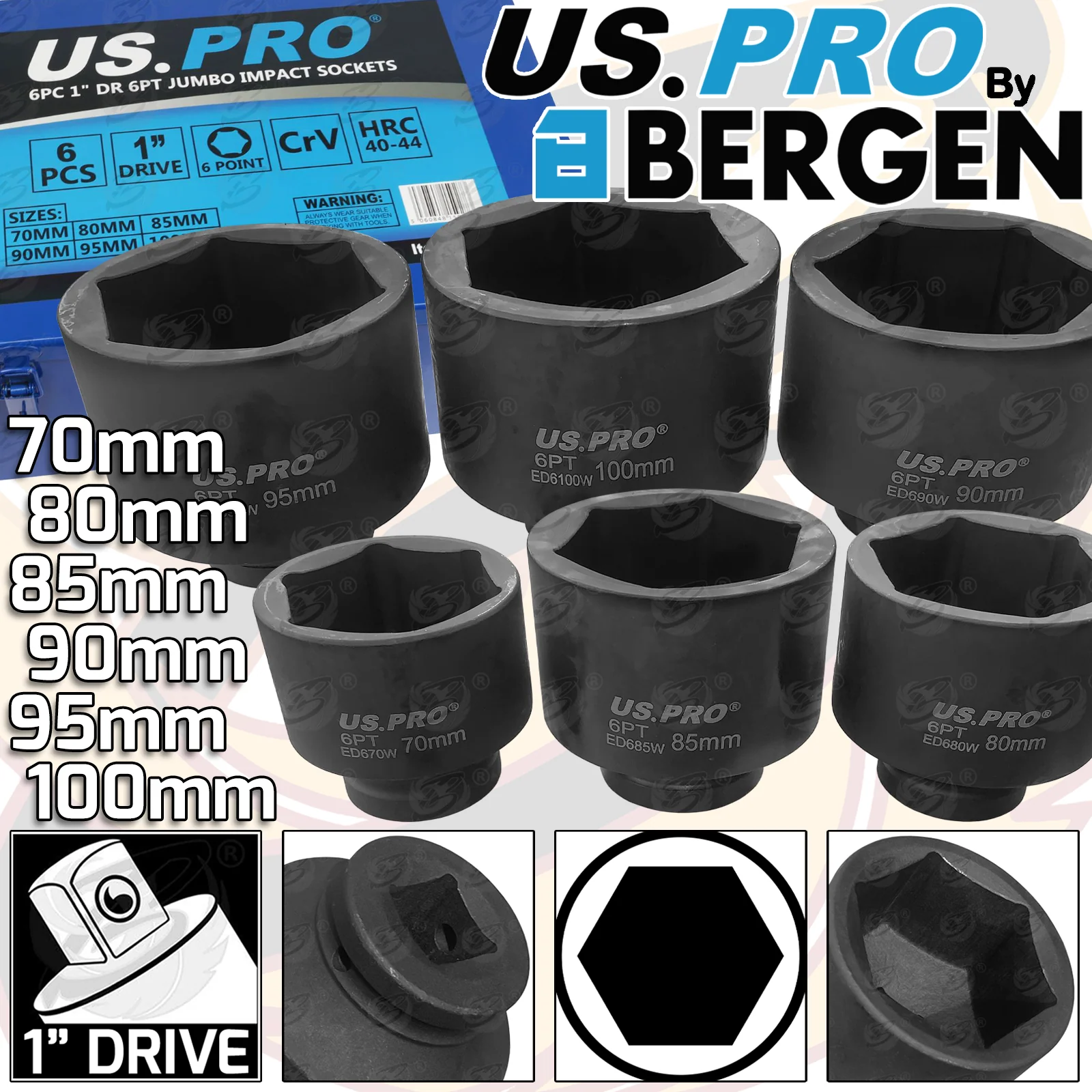 US Pro 6 Piece 1″ Drive 6 Point Jumbo Impact Sockets ( 70mm – 80mm – 85mm – 90mm – 95mm – 100mm )  7544