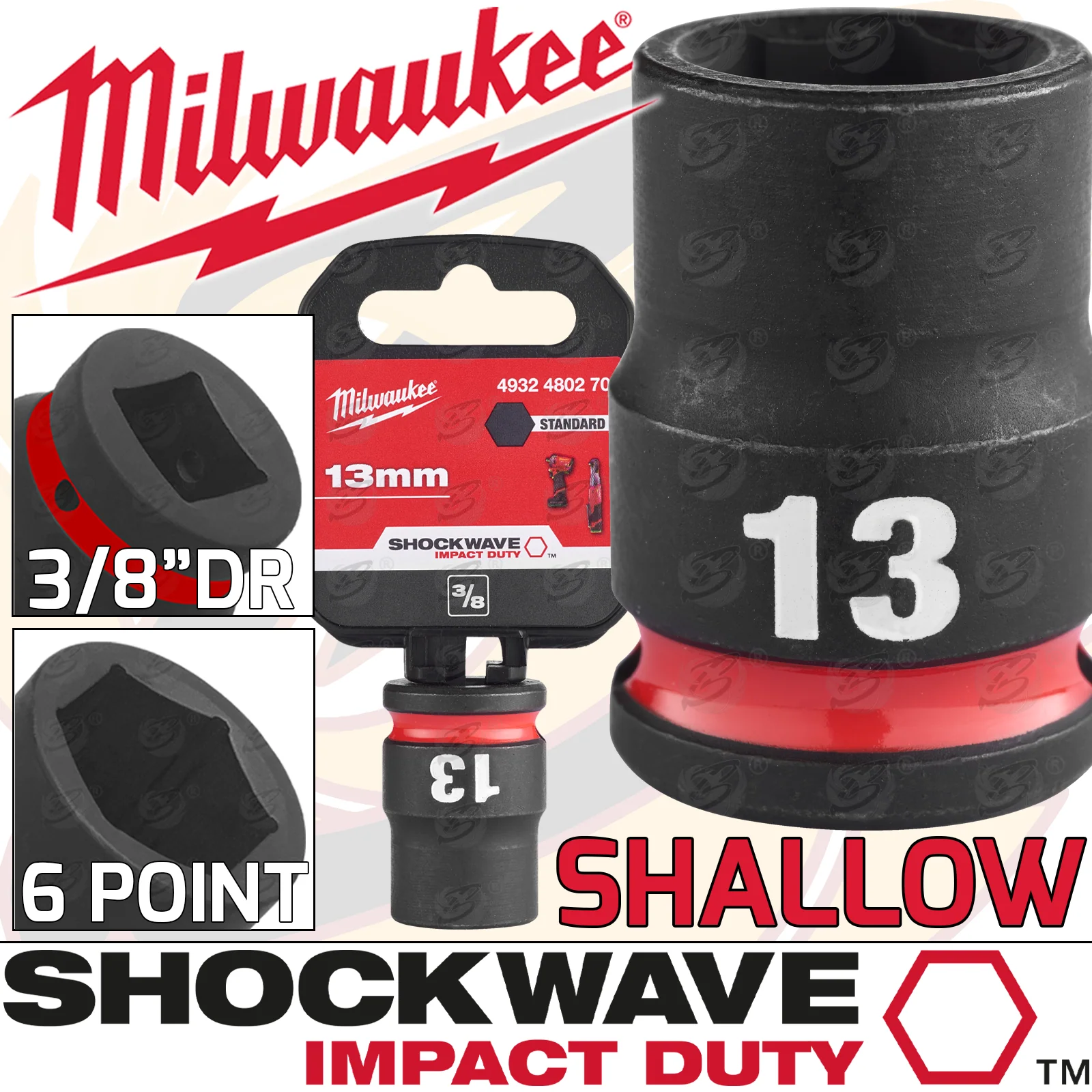 Milwaukee 13mm 3/8″ Drive 6 Point Shallow Impact Socket ( Single ) ( 4932480270 )
