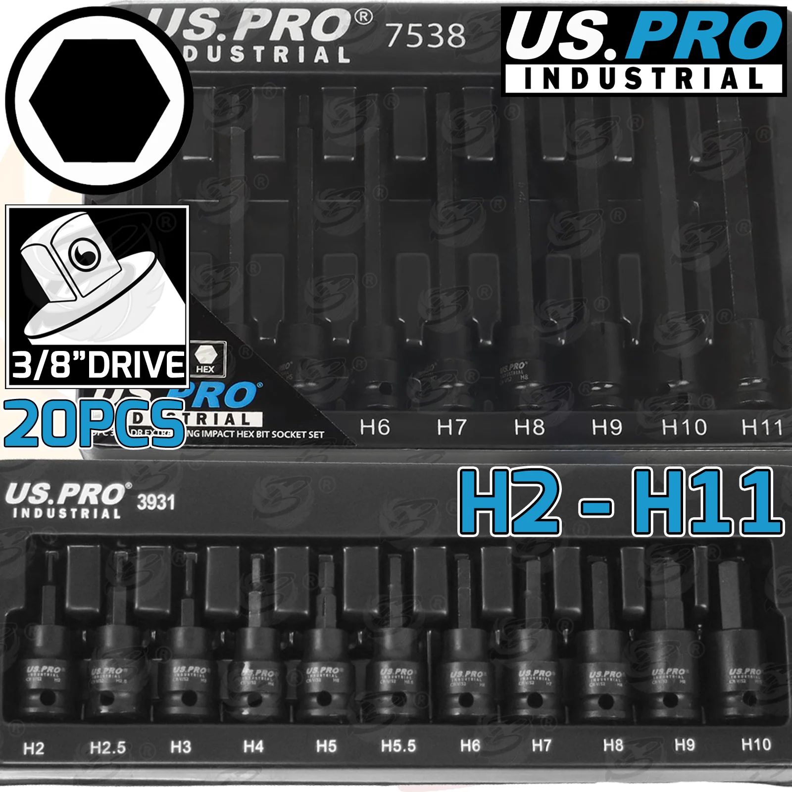 US Pro Impact 20 Piece 3/8″ Drive Long & Short Hex Bit Socket Set H2 – H11  7538 & 3931