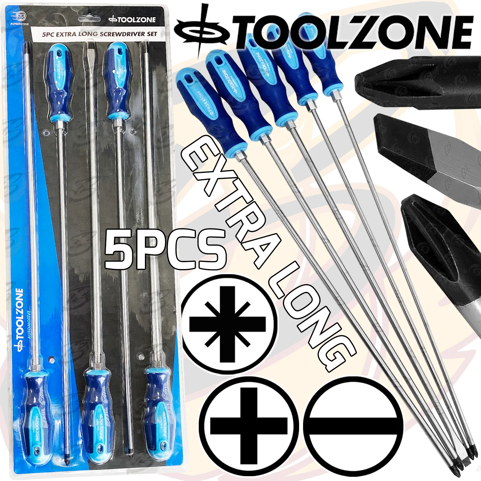 Toolzone 5 Piece Extra Long Magnetic Screwdriver Set ( Slotted – PHillips – Pozidrive ) ( SD074 )