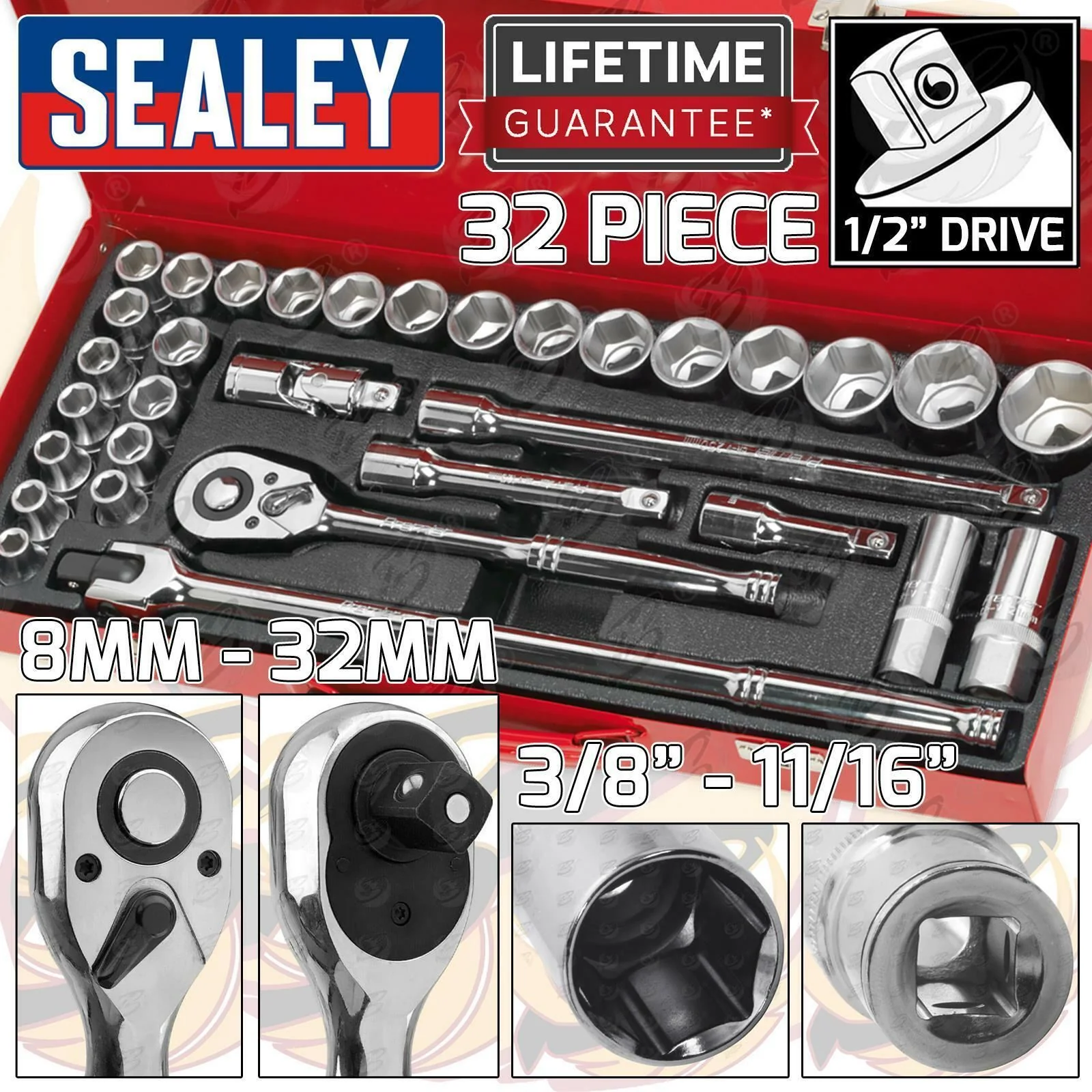 Sealey 32 Piece 1/2″ Drive 6 Point Socket Set 8mm – 32mm ( AK693 )