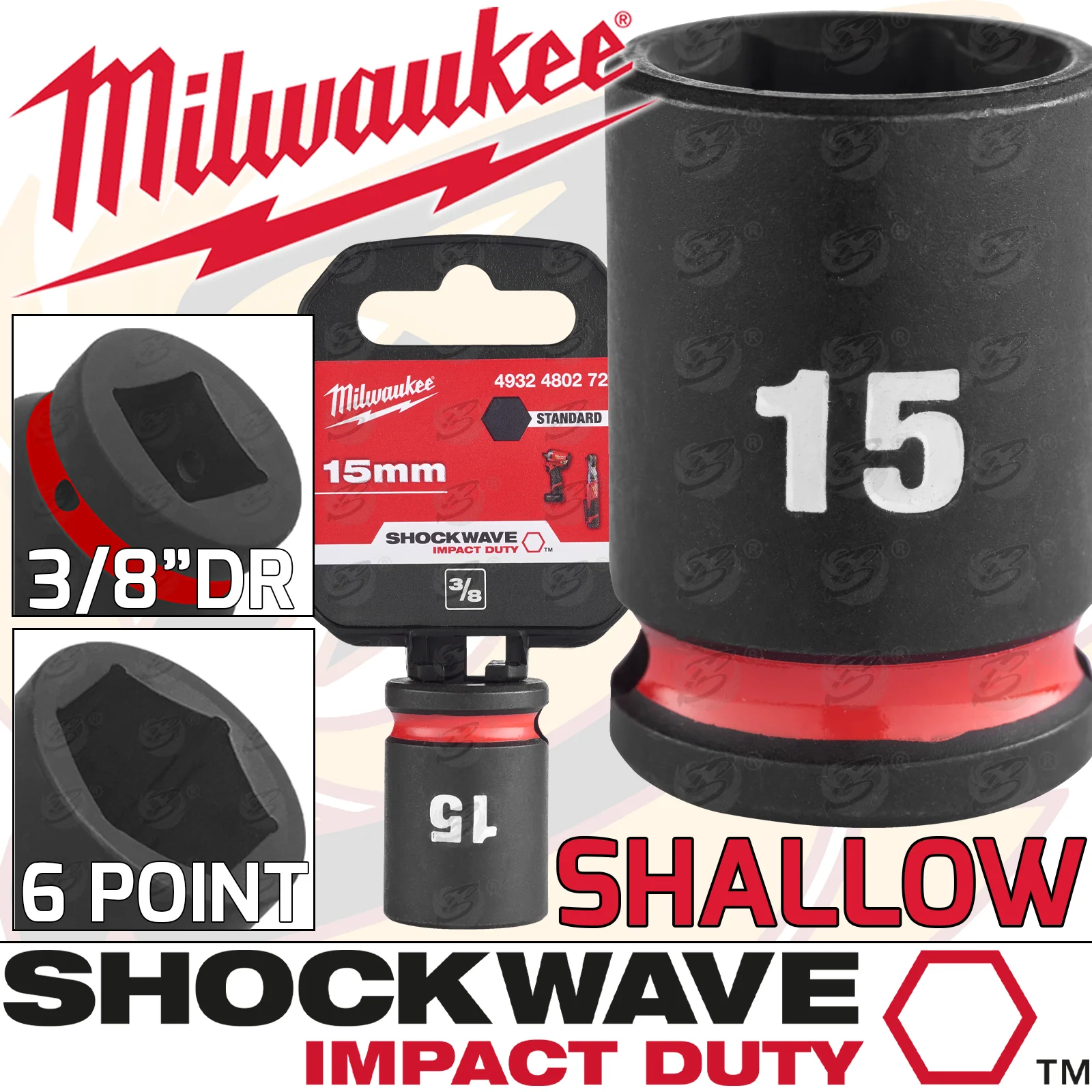 Milwaukee 15mm 3/8″ Drive 6 Point Shallow Impact Socket ( Single ) ( 4932480272 )