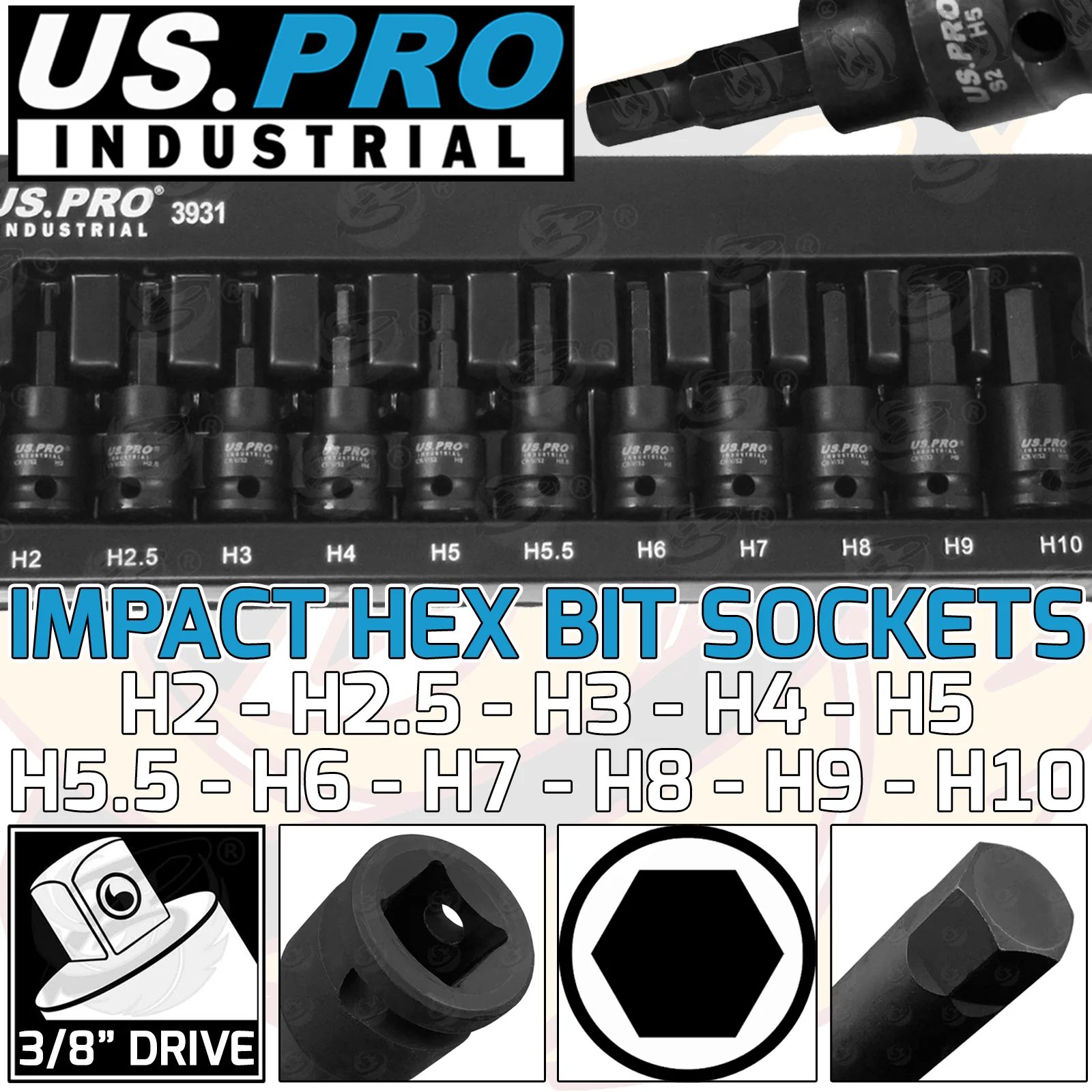 US Pro Industrial 11 Piece 3/8″ Drive Impact Hex Bit Sockets H2 – H10  3931