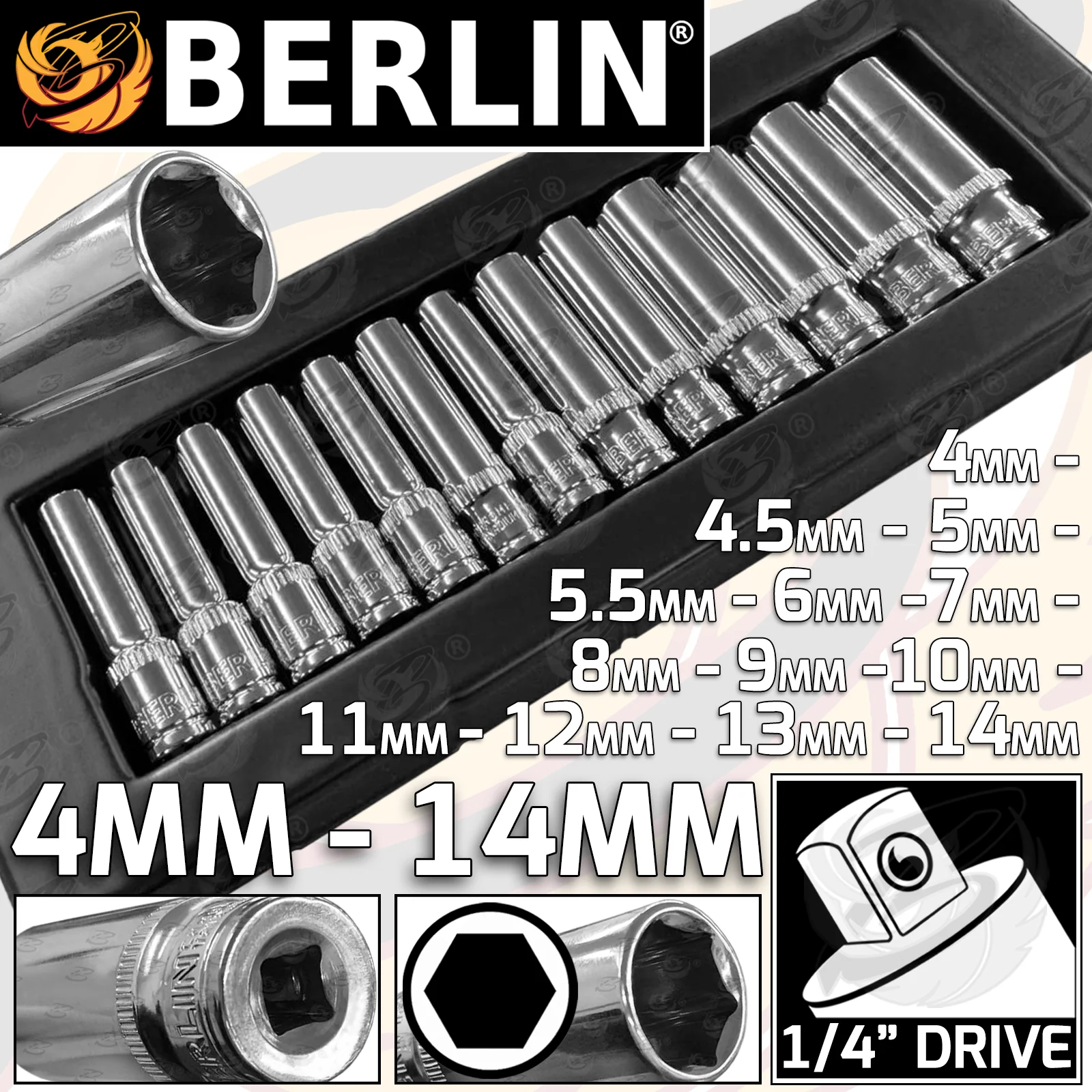 Berlin 13 Piece 1/4″ Drive 6 Point Deep Sockets 4mm – 14mm ( BER016 )