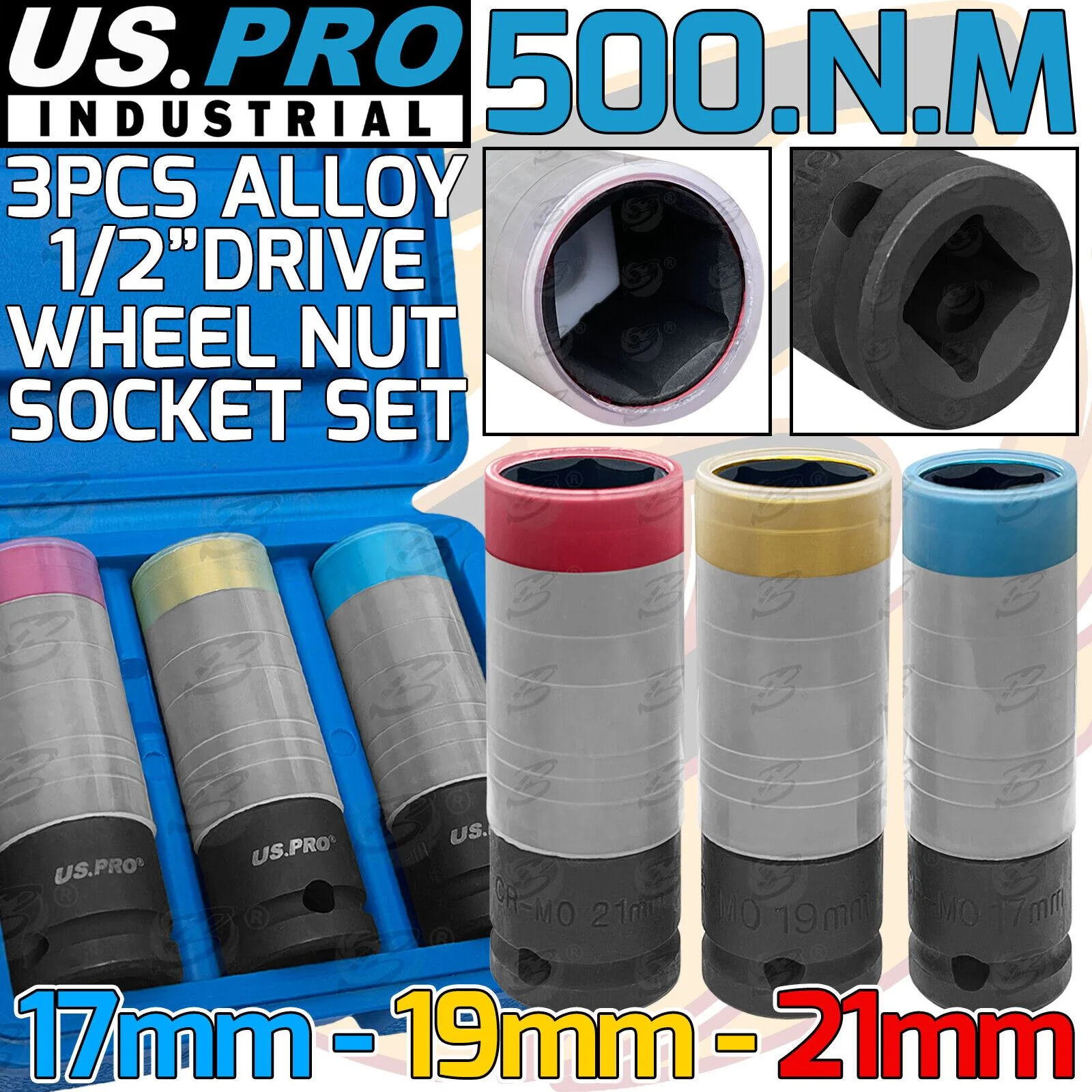 US Pro Industrial 3 Piece 1/2″ Drive Impact Alloy Wheel Nut Sockets 17mm – 21mm  3466