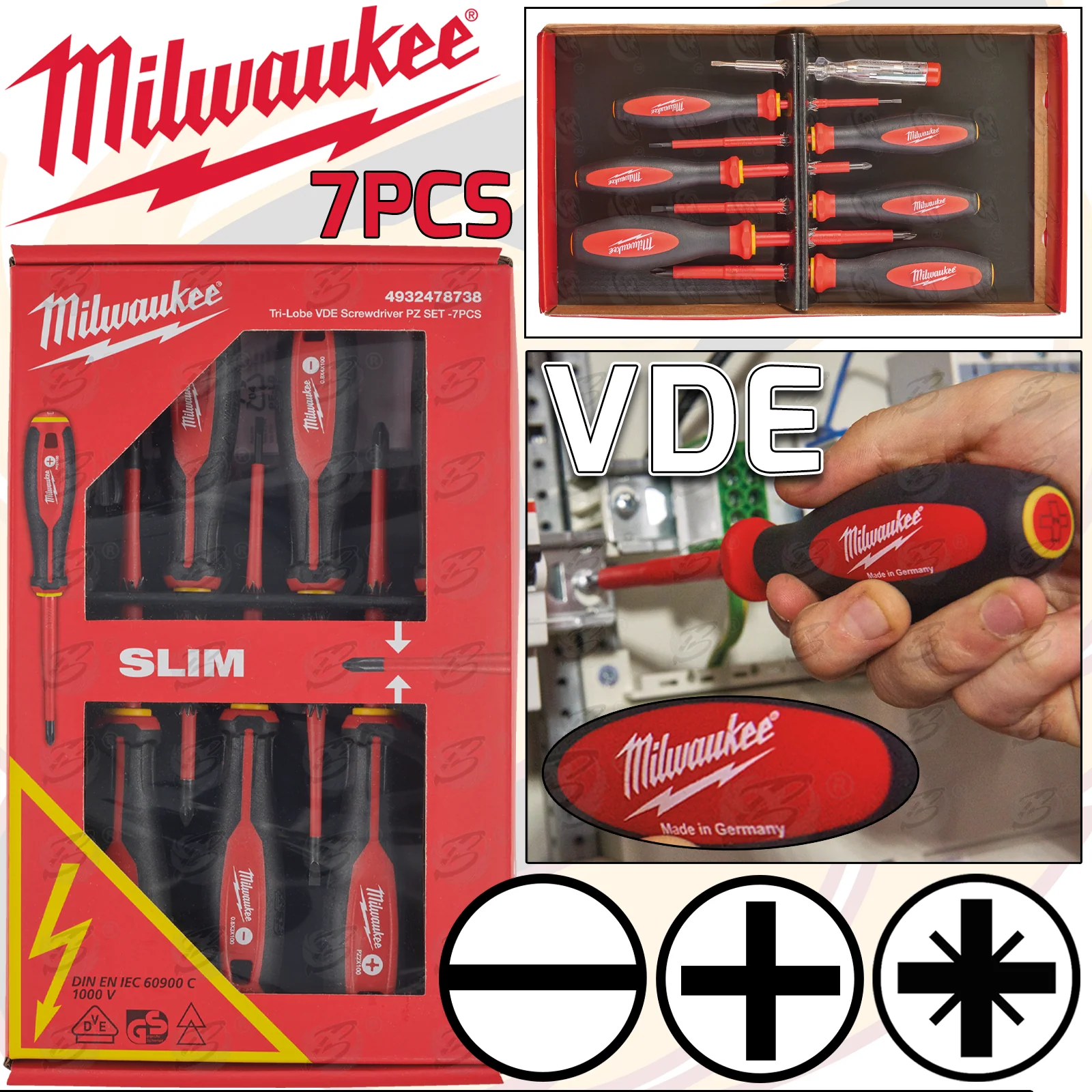 Milwaukee 7 Piece Tri – Lobe VDE Screwdriver Set ( Slotted – PHillips – Pozidrive ) ( 4932478738 )