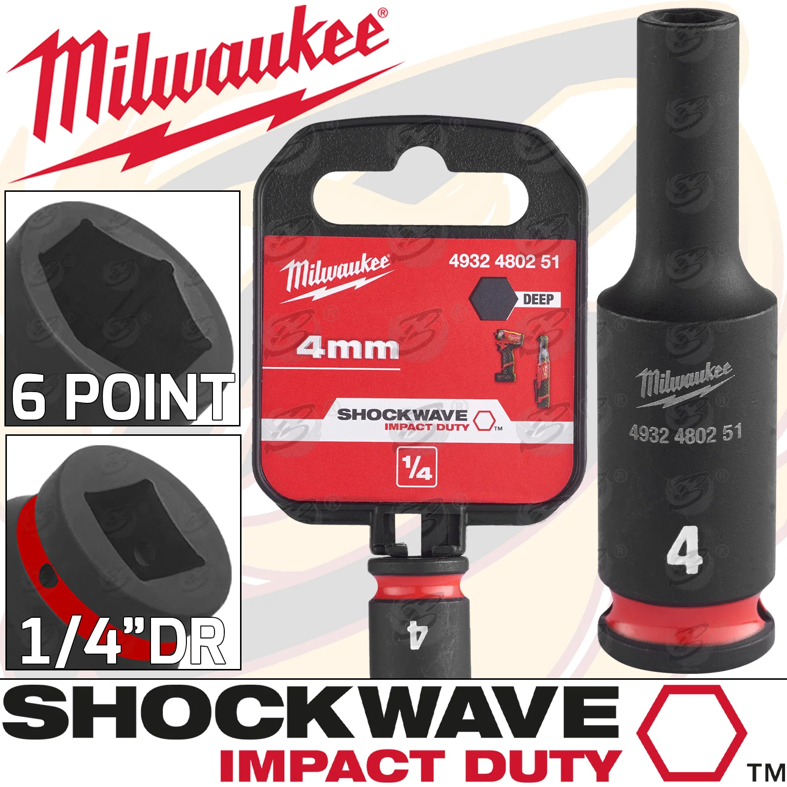 Milwaukee 4mm 1/4″ Drive 6 Point Deep Impact Socket ( Single ) ( 4932480251 )