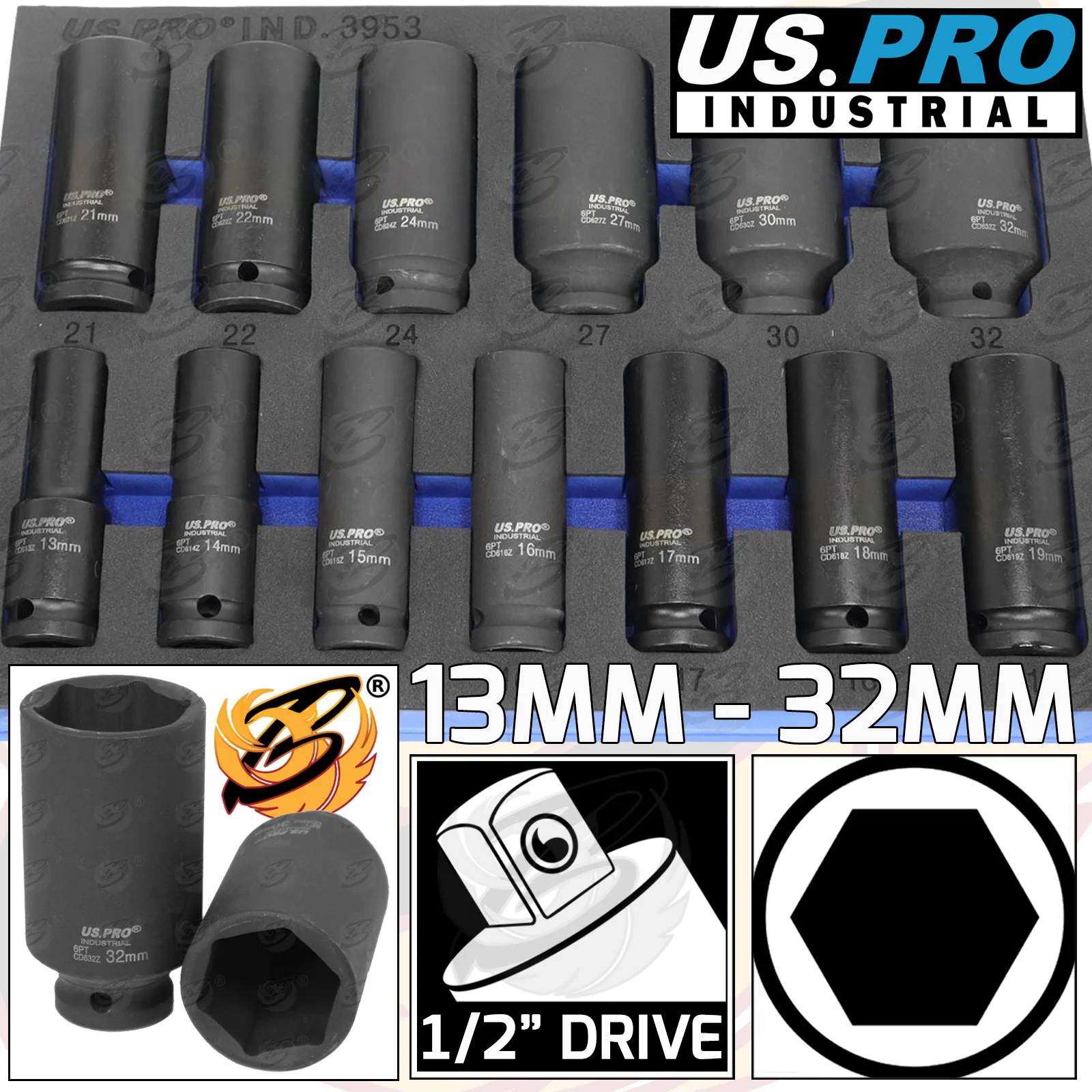 US Pro Industrial 13 Piece 1/2″ Drive 6 Point Deep Impact Sockets 13mm – 32mm  3953