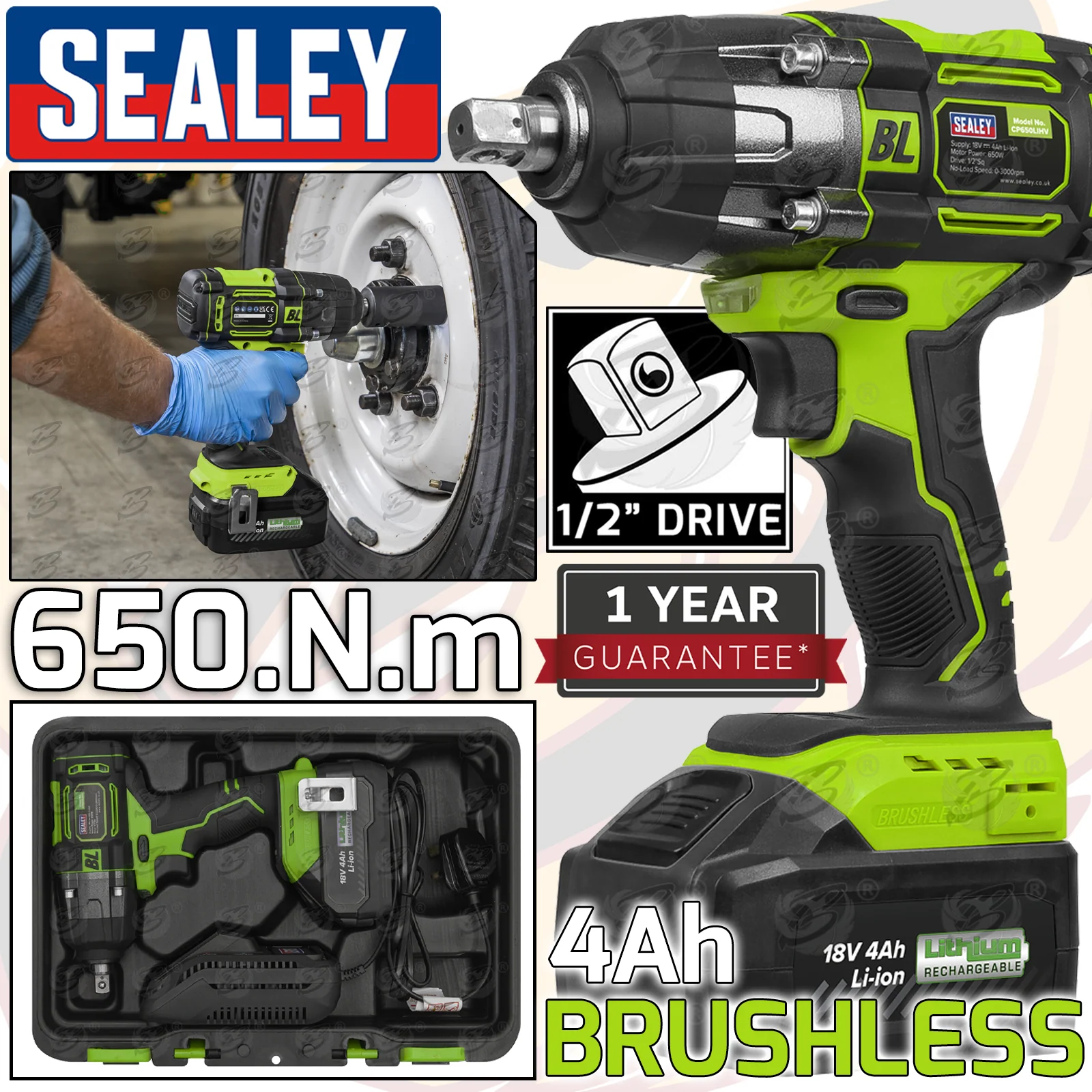 Sealey 18V 4Ah 1/2″ Drive Cordless Brushless Impact Wrench 650Nm ( CP650LIHV )