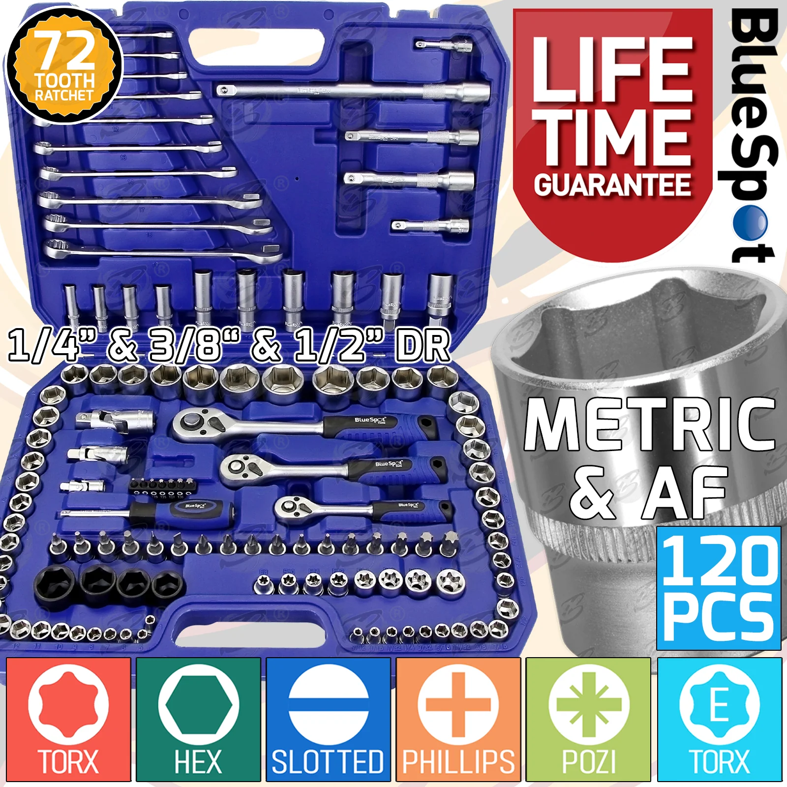 BlueSpot 120 Piece 1/4″ & 3/8″ & 1/2″ Drive Metric & Sae Socket & Spanner Set ( 4mm – 32mm ) ( 01583 )