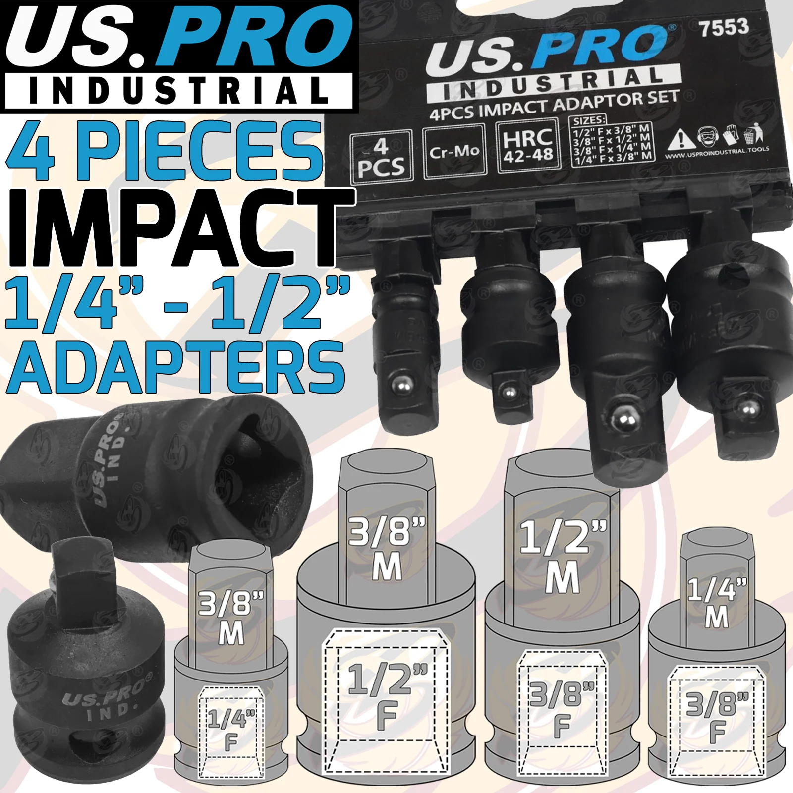 US Pro Industrial 4 Piece Impact Socket Adaptors ( 1/4″ – 1/2″ ) ( Cr-Mo )  7553