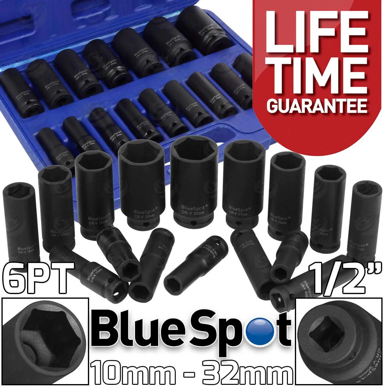 BlueSpot 16 Piece 1/2″ Drive 6 Point Deep Impact Sockets 10mm – 32mm ( 01550 )