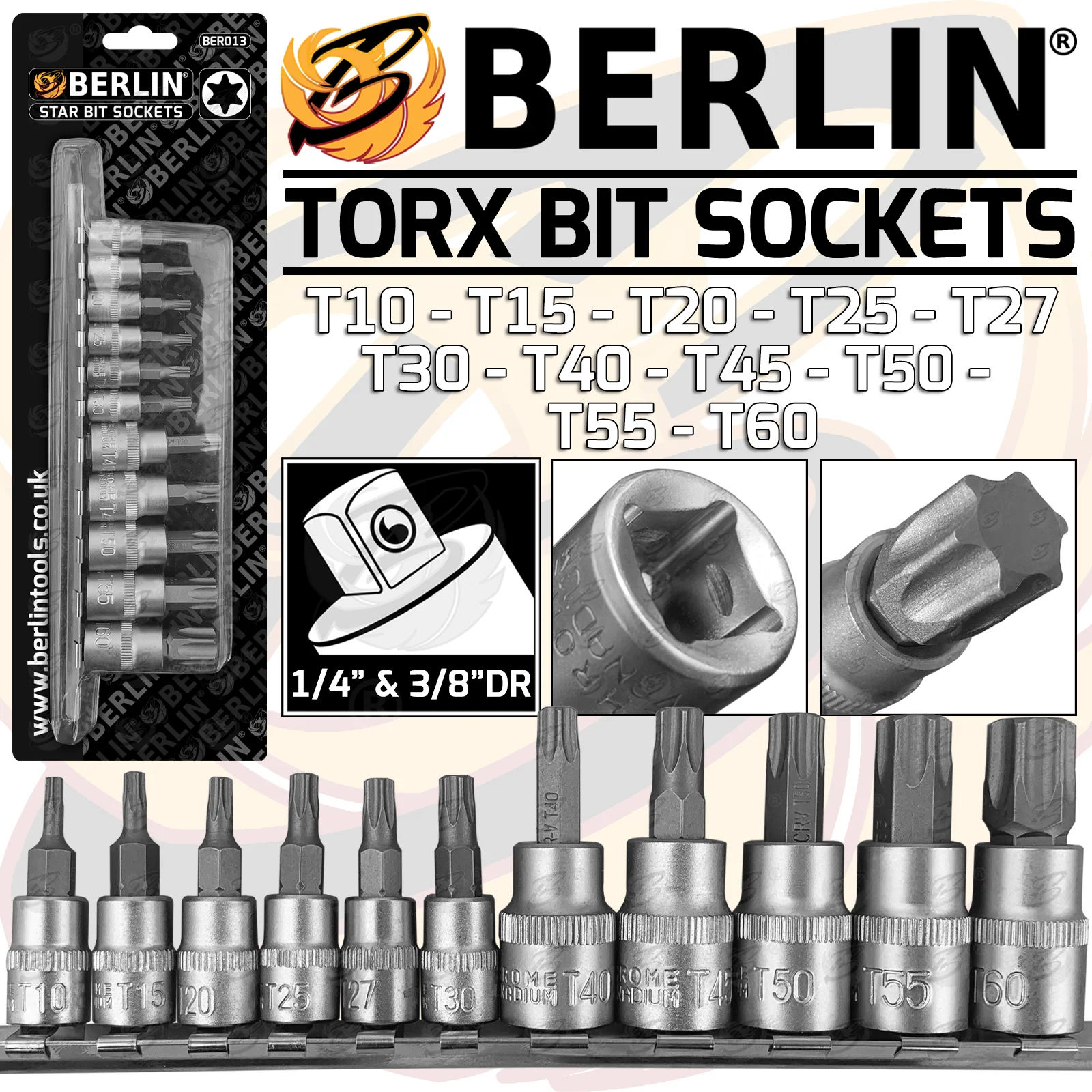Berlin 11 Piece 1/4″ & 3/8″ Drive Torx Bit Sockets T10 – T60 ( BER013 )