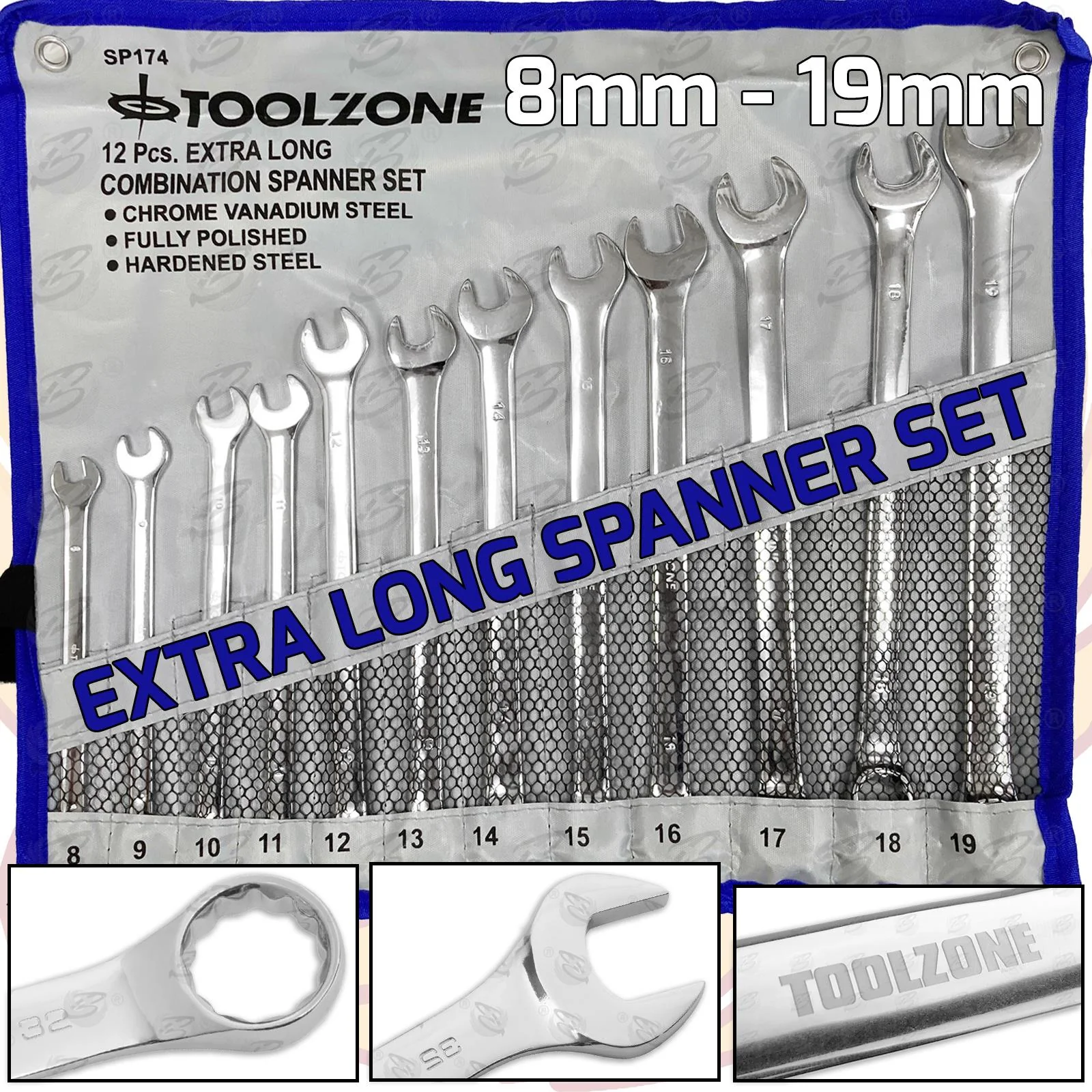 Toolzone 12 Piece Extra Long Combination Spanner Set 8mm – 19mm ( SP174 )