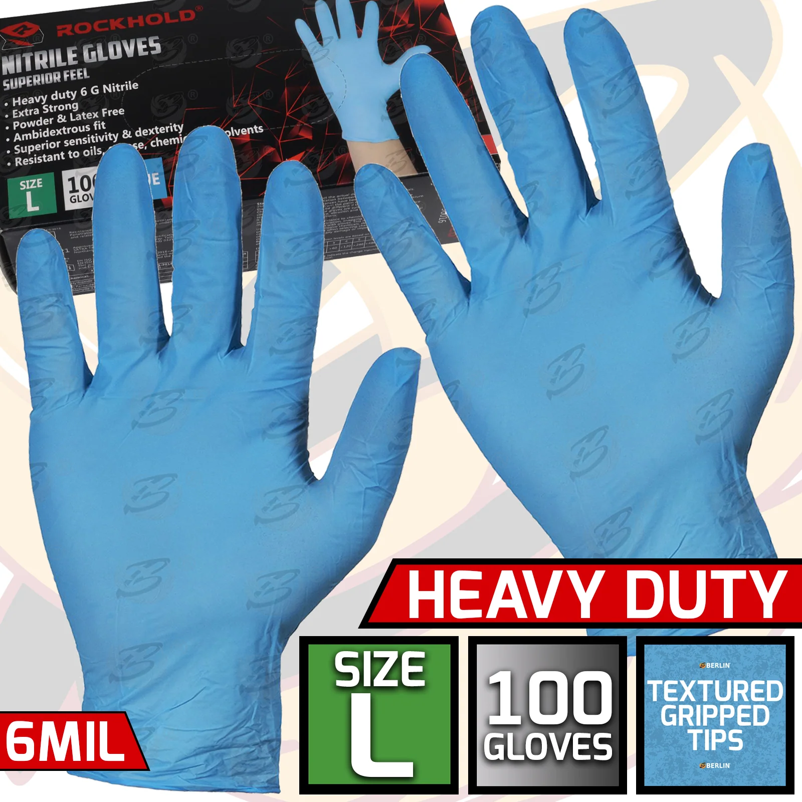 Rockhold Heavy Duty Blue 6 Mil Nitrile Textured Tip Gloves ( Large – 100 Gloves )  90016 / L ( 1 BOX )