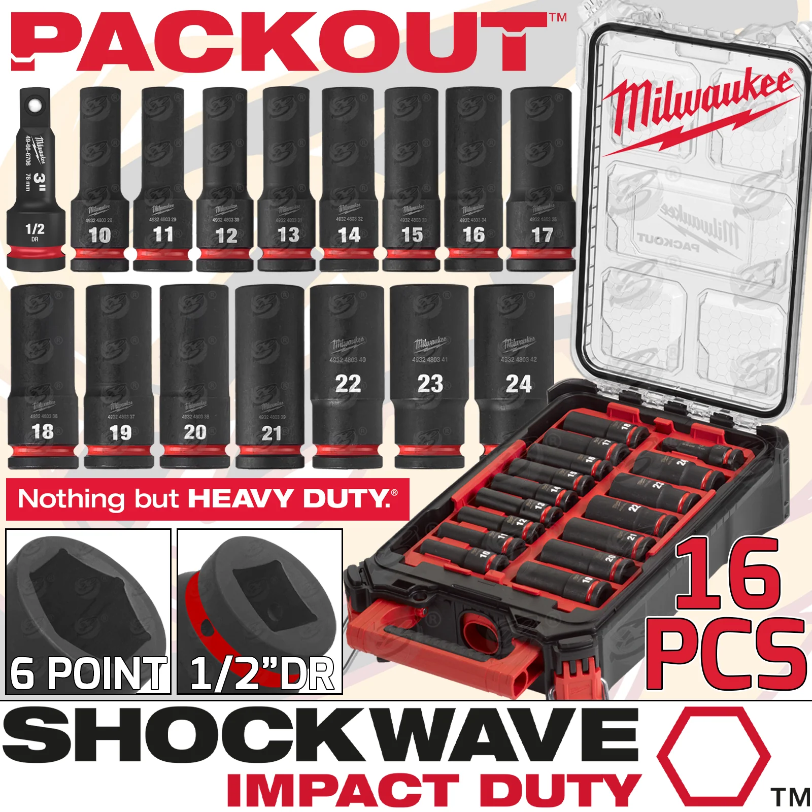 Milwaukee 16 Piece 1/2″ Drive 6 Point Deep Impact Sockets 10mm – 24mm In Packout ( Shockwave Impact Duty ) ( 4932480943 )