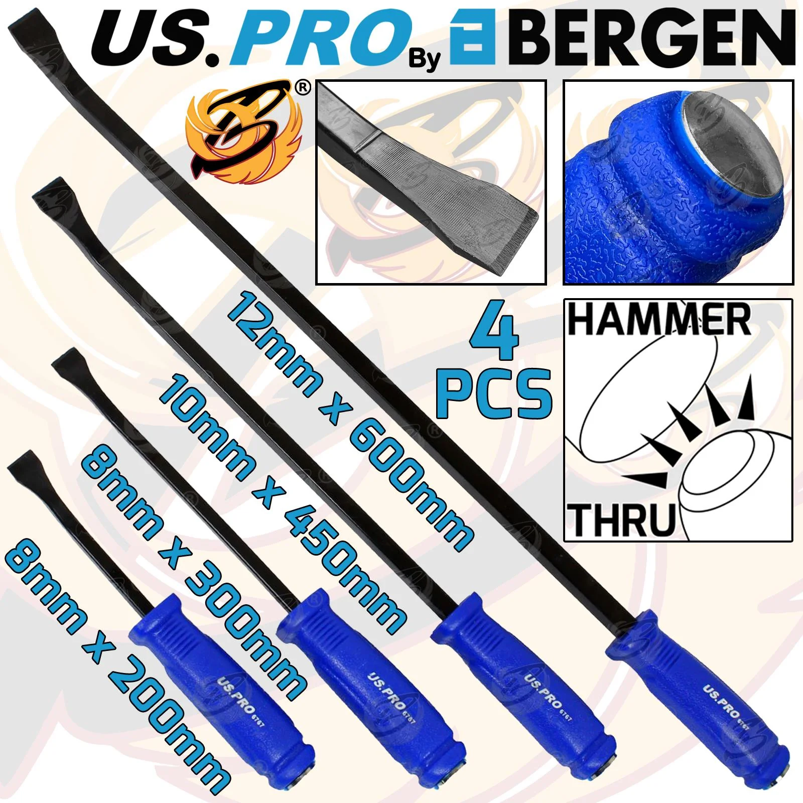 US Pro 4 Piece Pry Bar Set Jemmy 200mm 300mm 450mm 600mm Go-Thru Lever Bars Wrecking 6767  6767