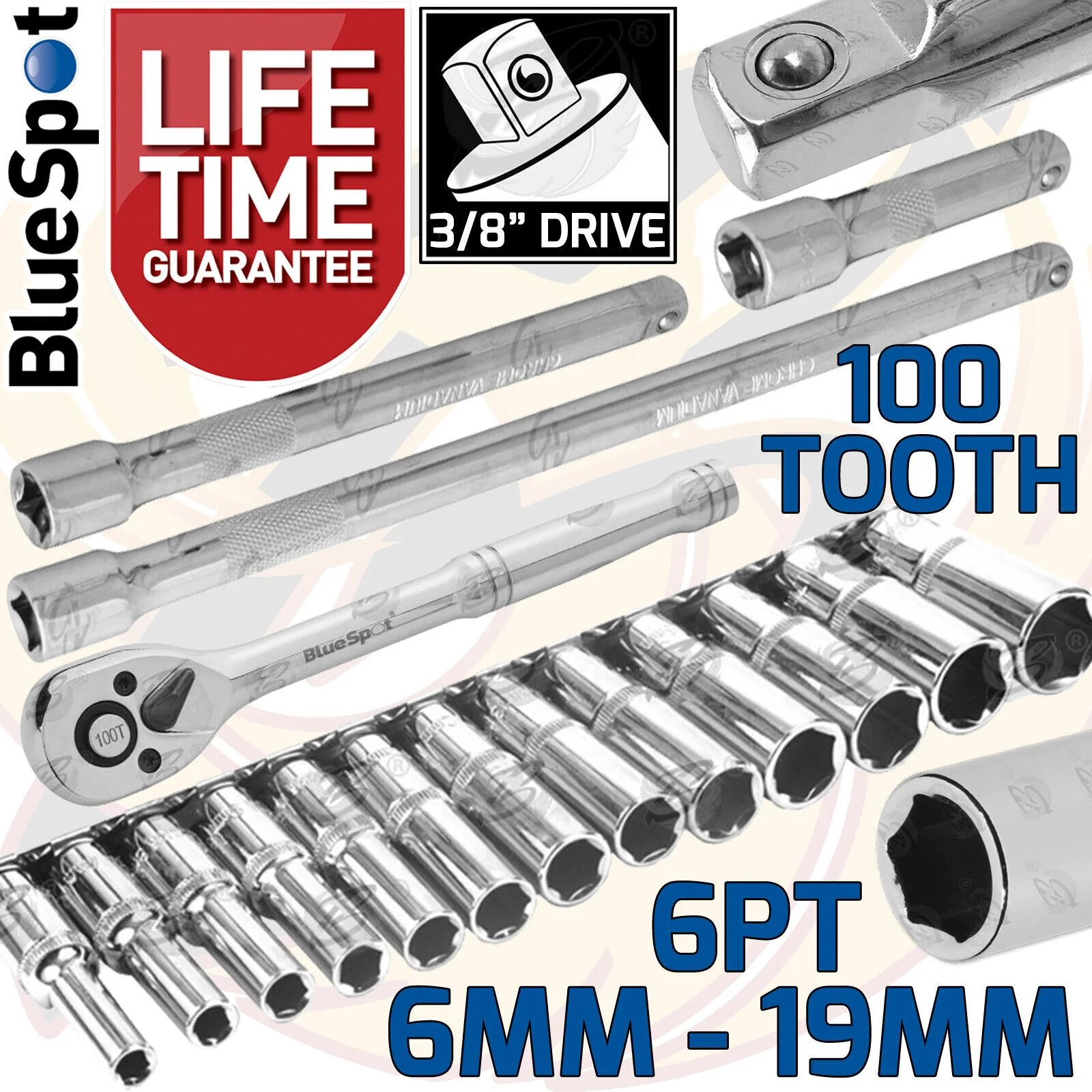 BLUESPOT 17PCS 3/8″ DRIVE 6 POINT DEEP SOCKET SET 6MM – 19MM