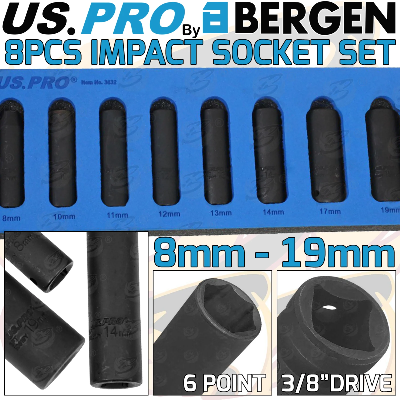 US Pro 8 Piece 3/8″ Drive 6 Point Deep Impact Sockets 8mm – 19mm  3832
