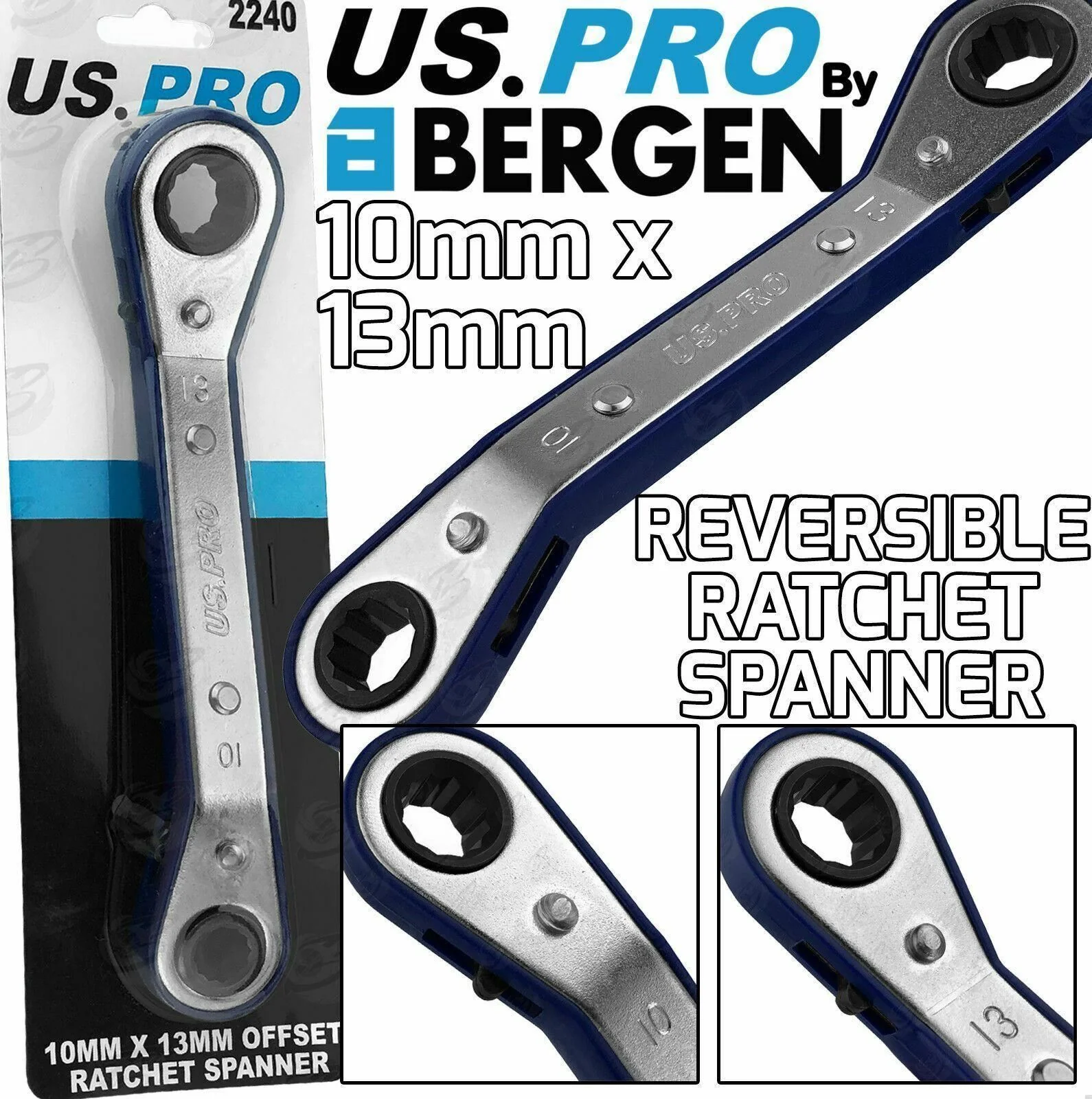 US Pro 10mm x 13mm Offset Ratchet Spanners  2240
