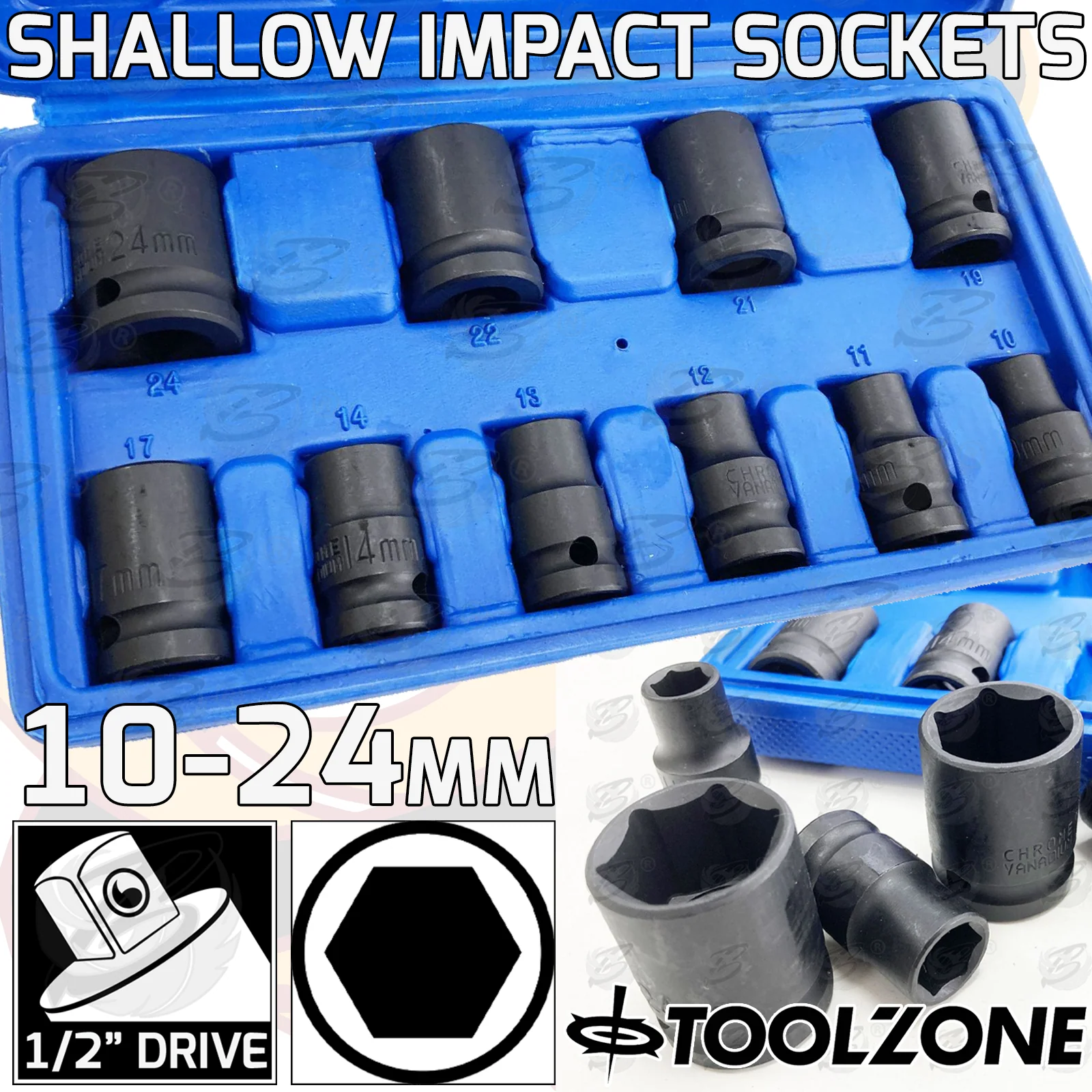 Toolzone 10 Piece 1/2″ Drive 6 Point Shallow Impact Sockets 10mm – 24mm ( SS125 )