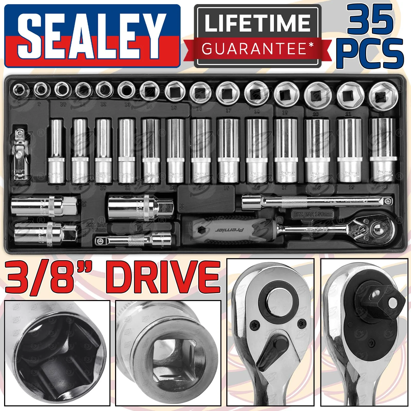 Sealey 35 Piece 3/8″ Drive 6 Point Socket Set 8mm – 22mm ( TBT34 )