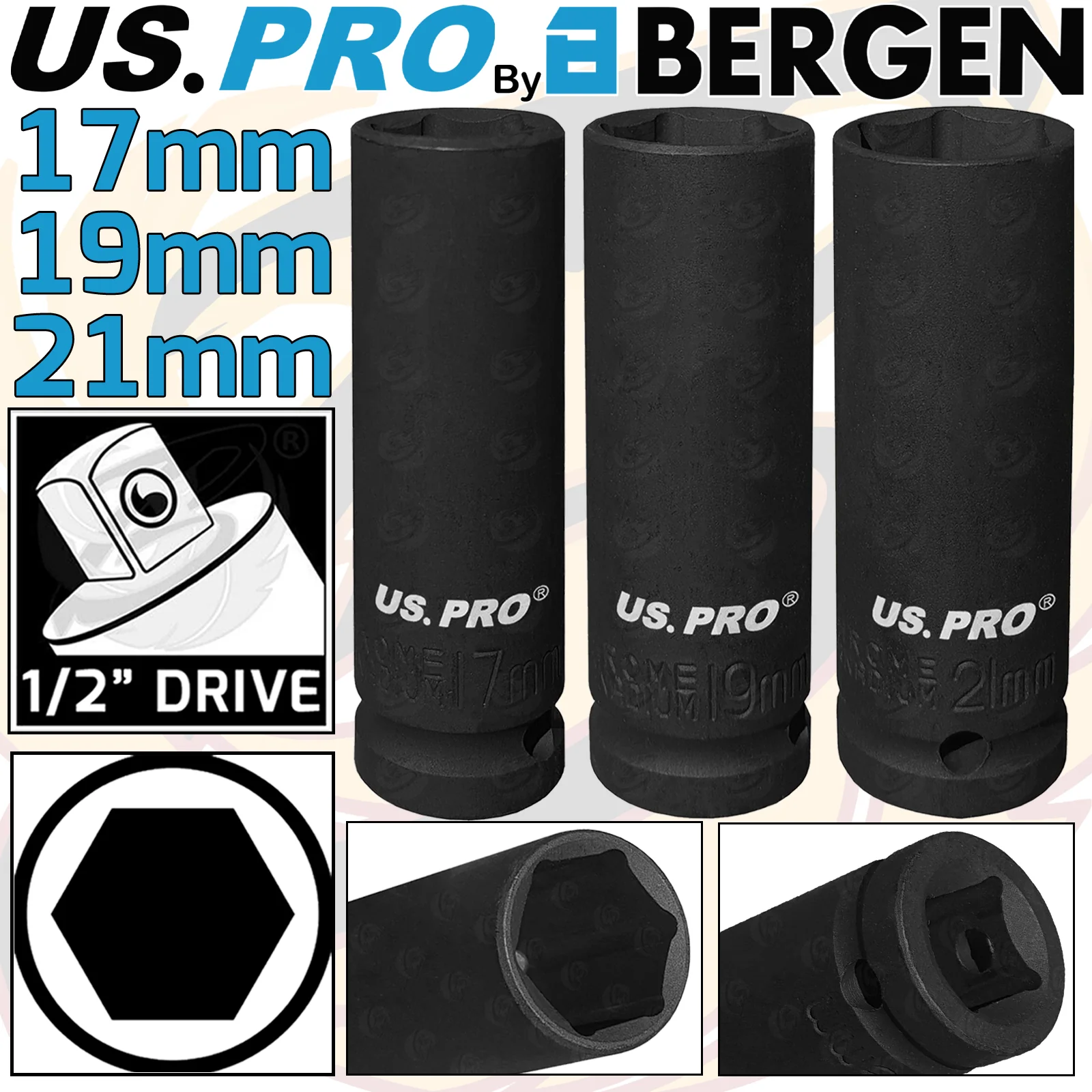 US Pro 3 Piece 1/2″ Drive 6 Point Deep Impact Sockets 17mm – 19mm – 21mm  3753 & 3861 & 1367