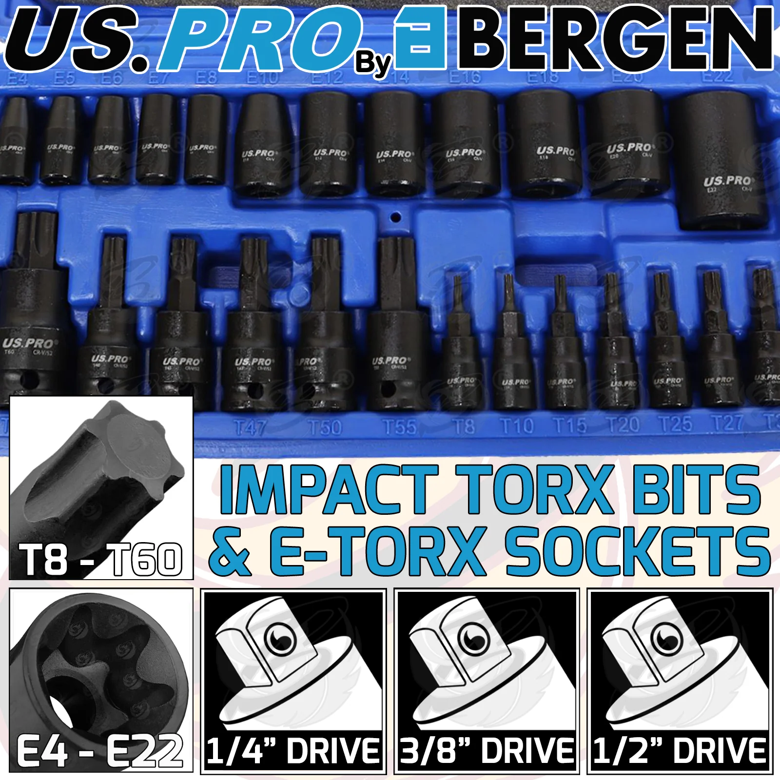 US Pro 25 Piece 1/4″ & 3/8″ & 1/2″ Drive Impact Torx & E – Torx Sockets ( E4 – E22 ) ( T8 – T60 )  7521