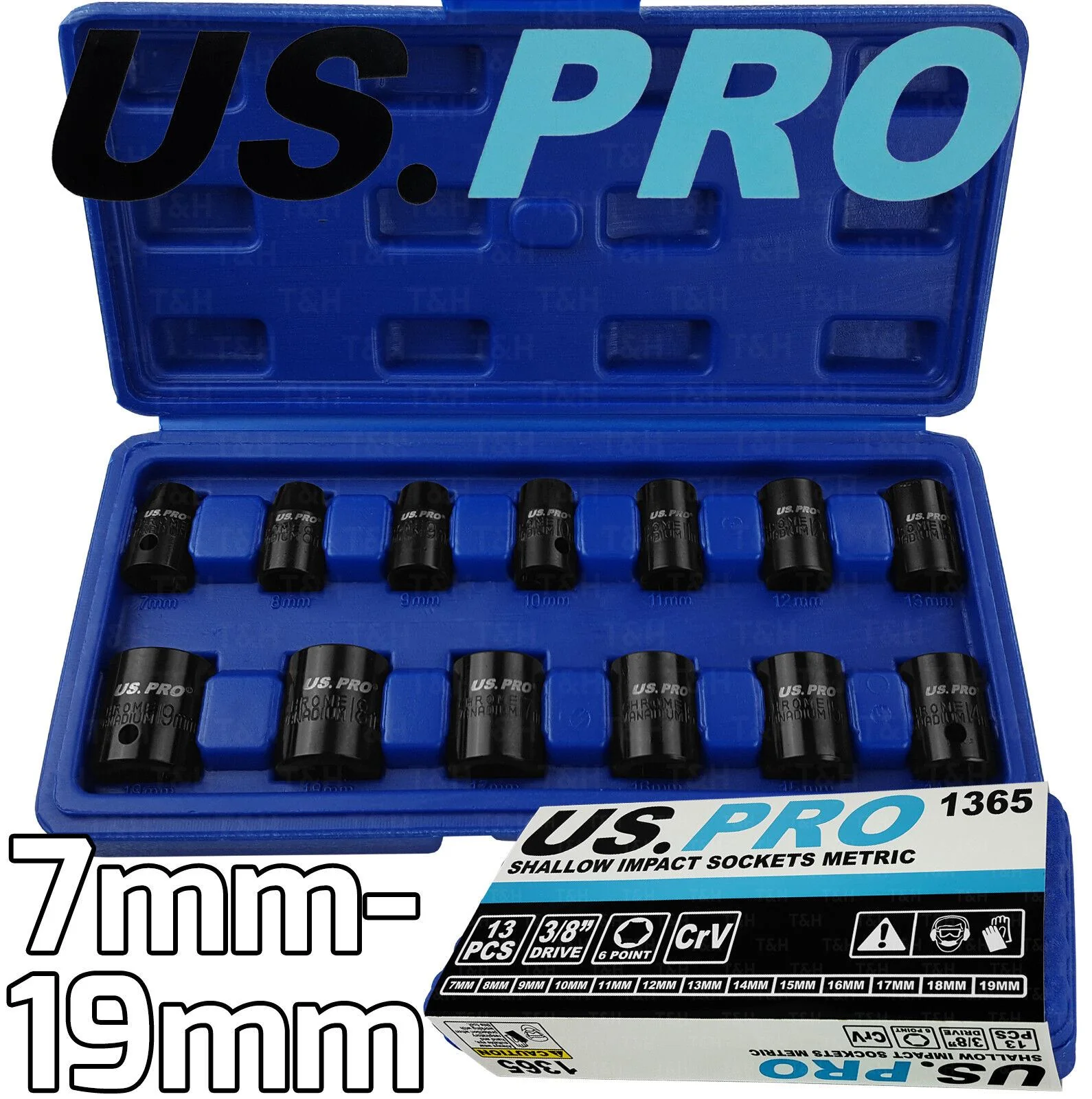 US Pro 13 Piece 3/8″ Drive 6 Point Shallow Impact Sockets 7mm – 19mm  1365