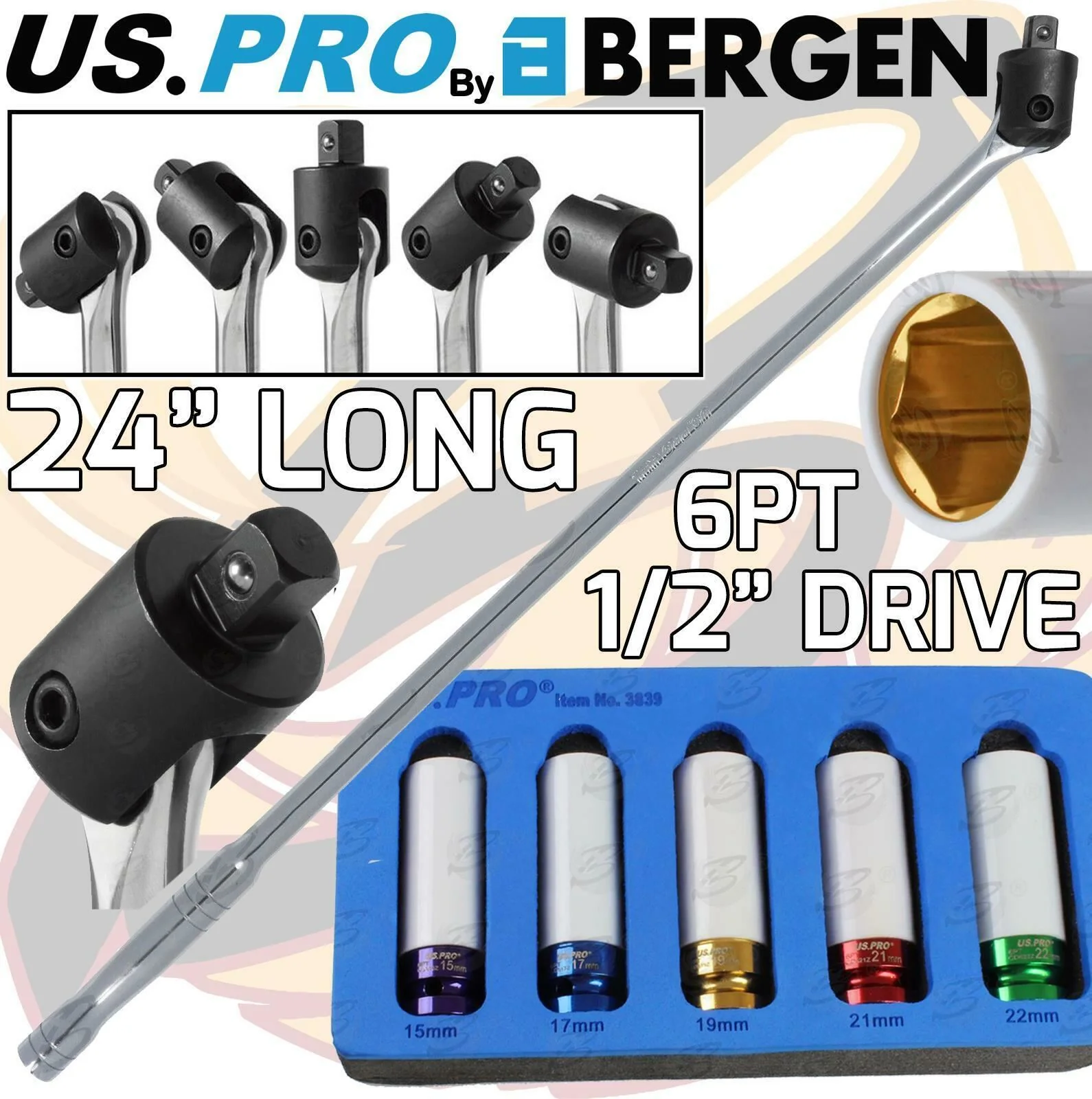 US Pro Breaker Bar 1/2″ Drive 24″ Long Strong Arm Power Bar 5 Piece Alloy Wheel Sockets  2072 & 3839
