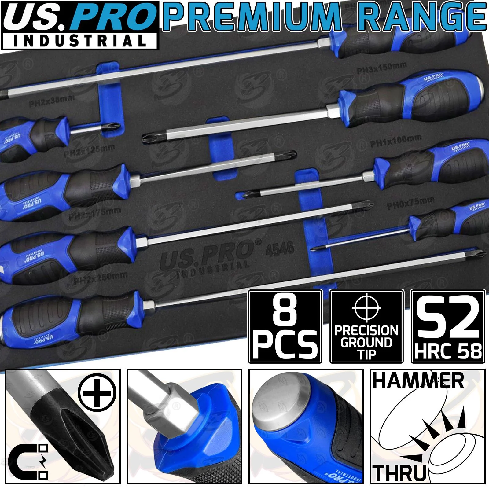 US Pro Industrial 8 Piece Magnetic Go Through Screwdriver Set ( PHillips )  4546