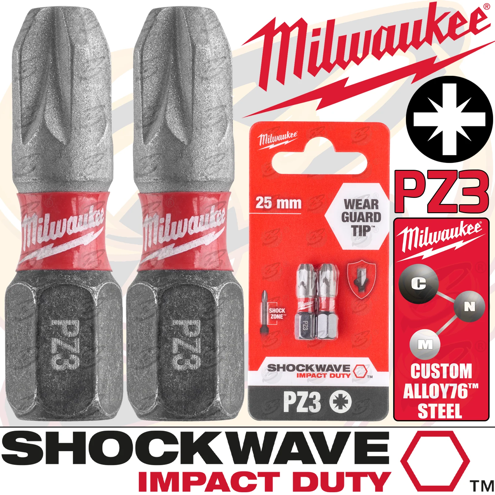 Milwaukee 2 Piece x PZ3 x 25mm Pozidrive Impact Drill / Driver Bit ( Shockwave Impact Duty ) ( 4932472042 )