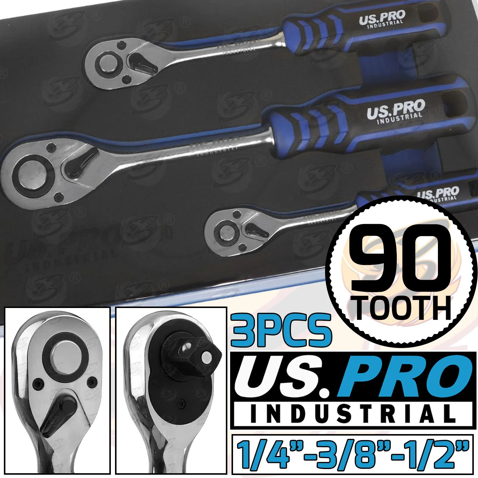 US Pro Industrial 3 Piece 1/4″ & 3/8″ & 1/2″ Drive 90 Tooth Curved Ratchet Handles  4230