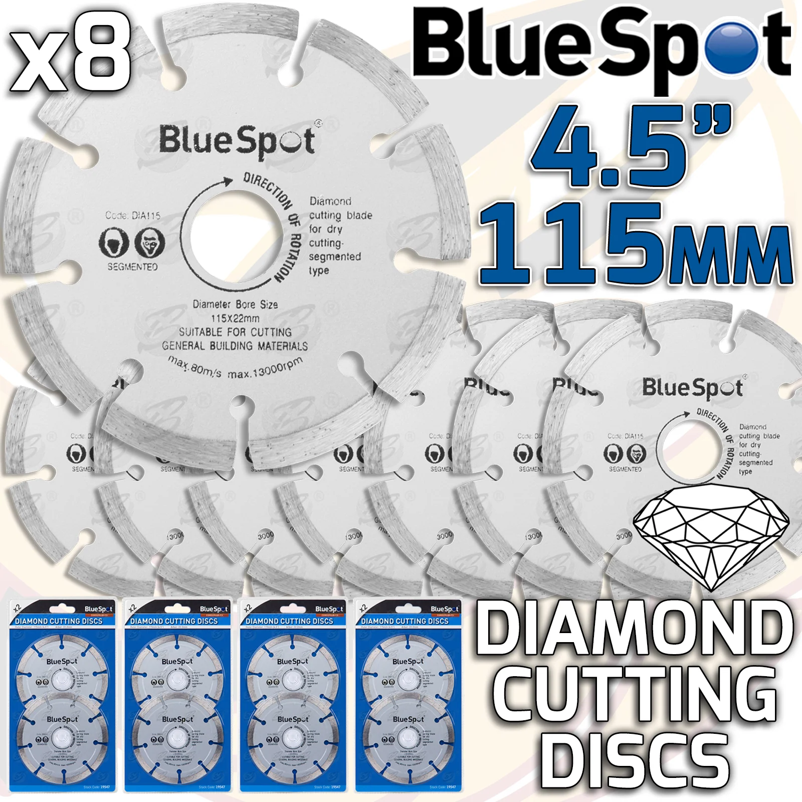 BLUESPOT 4.5″ ( 115MM ) DIAMOND CUTTING DISCS ( X 8 )