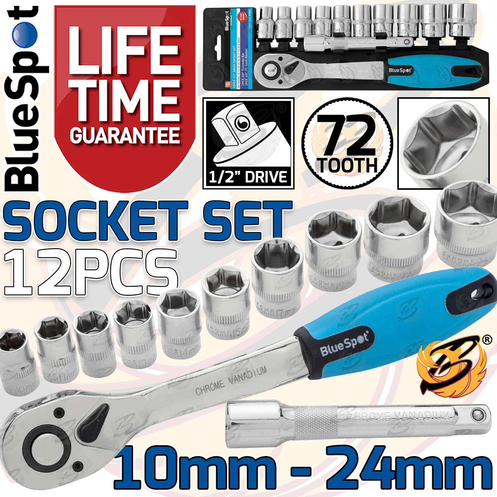 BlueSpot 12 Piece 1/2″ Drive 6 Point Socket Set 10mm – 24mm ( 01500 )