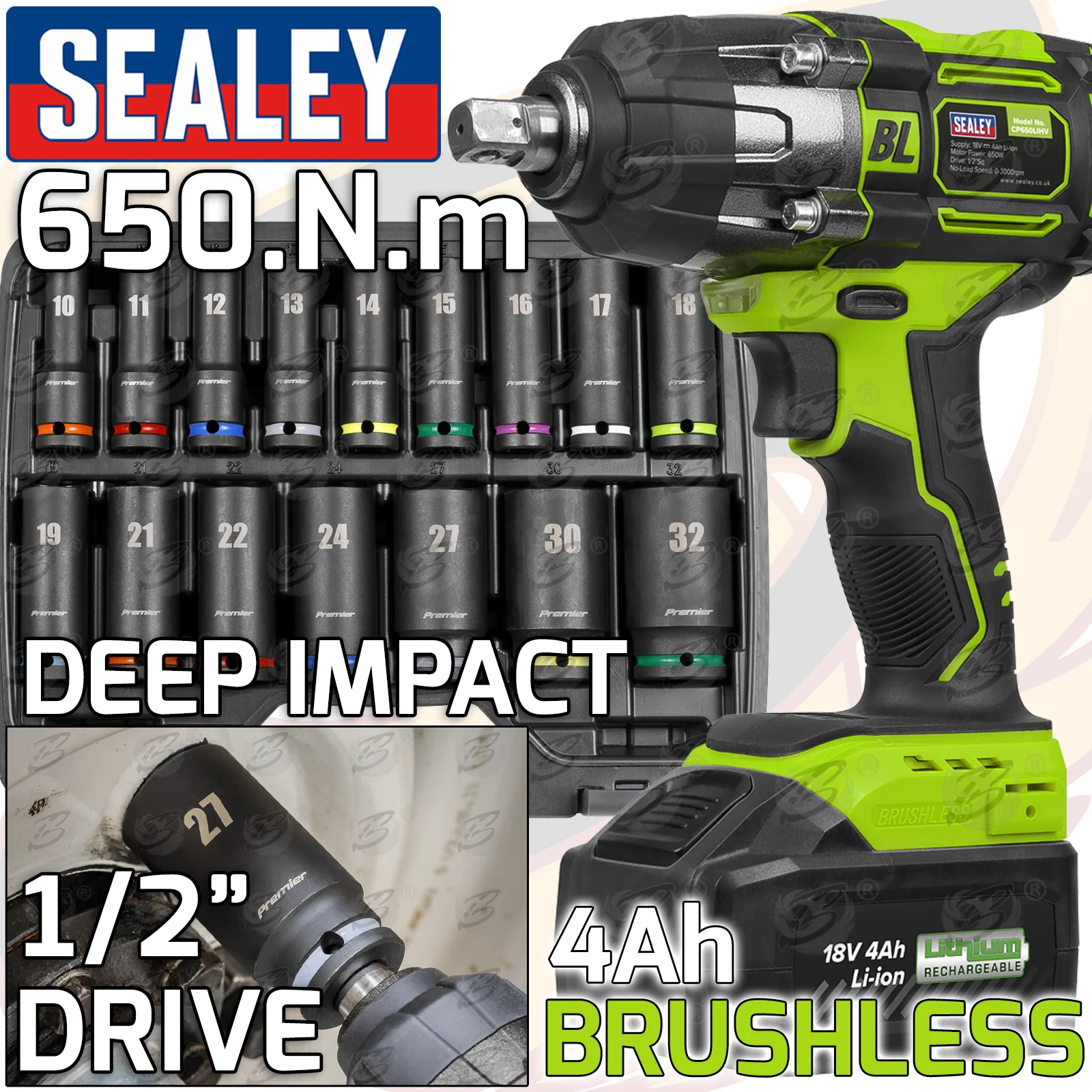 SEALEY 18V 4Ah 1/2″ DRIVE BRUSHLESS IMPACT WRENCH 650Nm & 16PCS 6 POINT DEEP IMPACT SOCKETS 10MM – 32MM