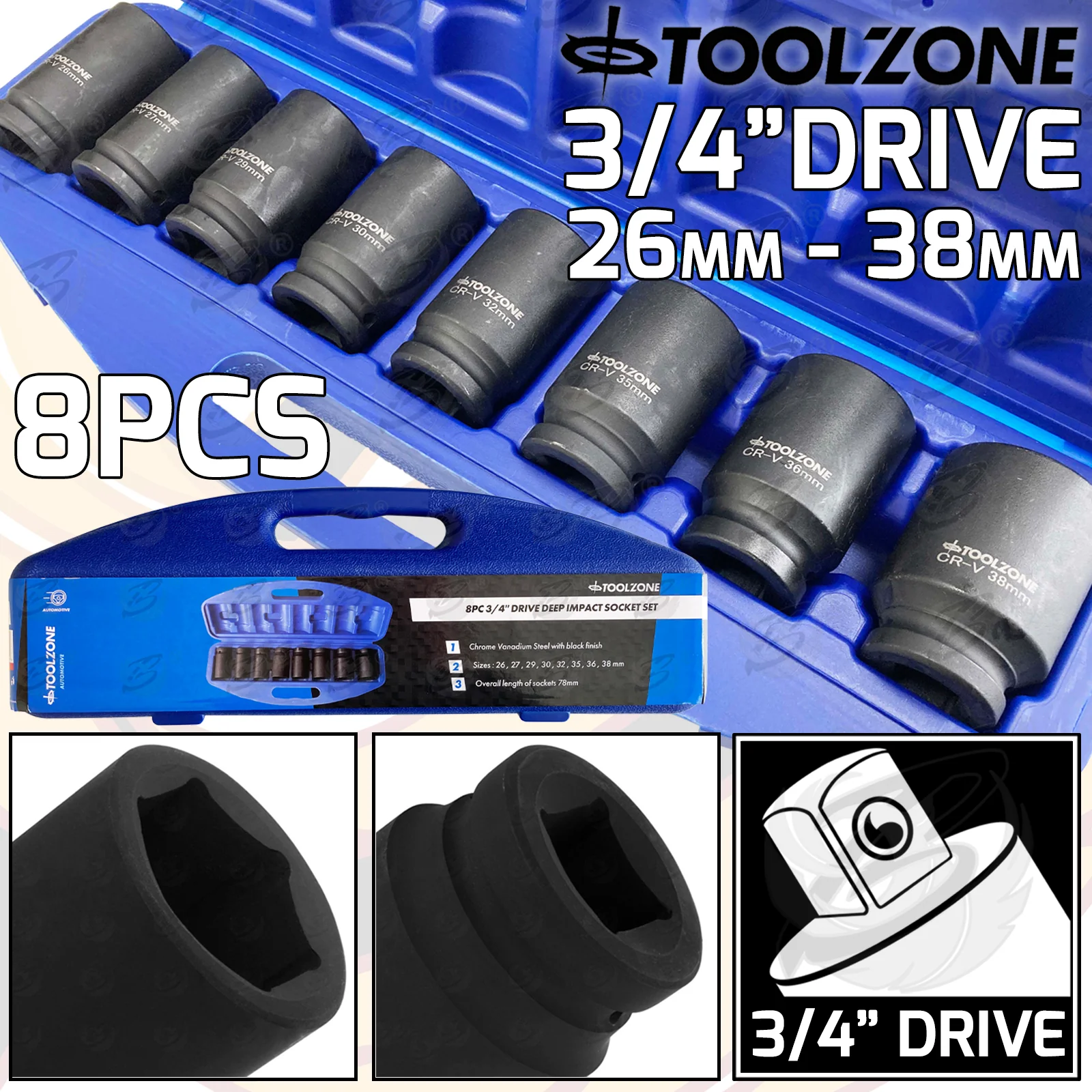 Toolzone 8 Piece 3/4″ Drive 6 Point Deep Impact Sockets 26mm – 38mm ( SS130 )