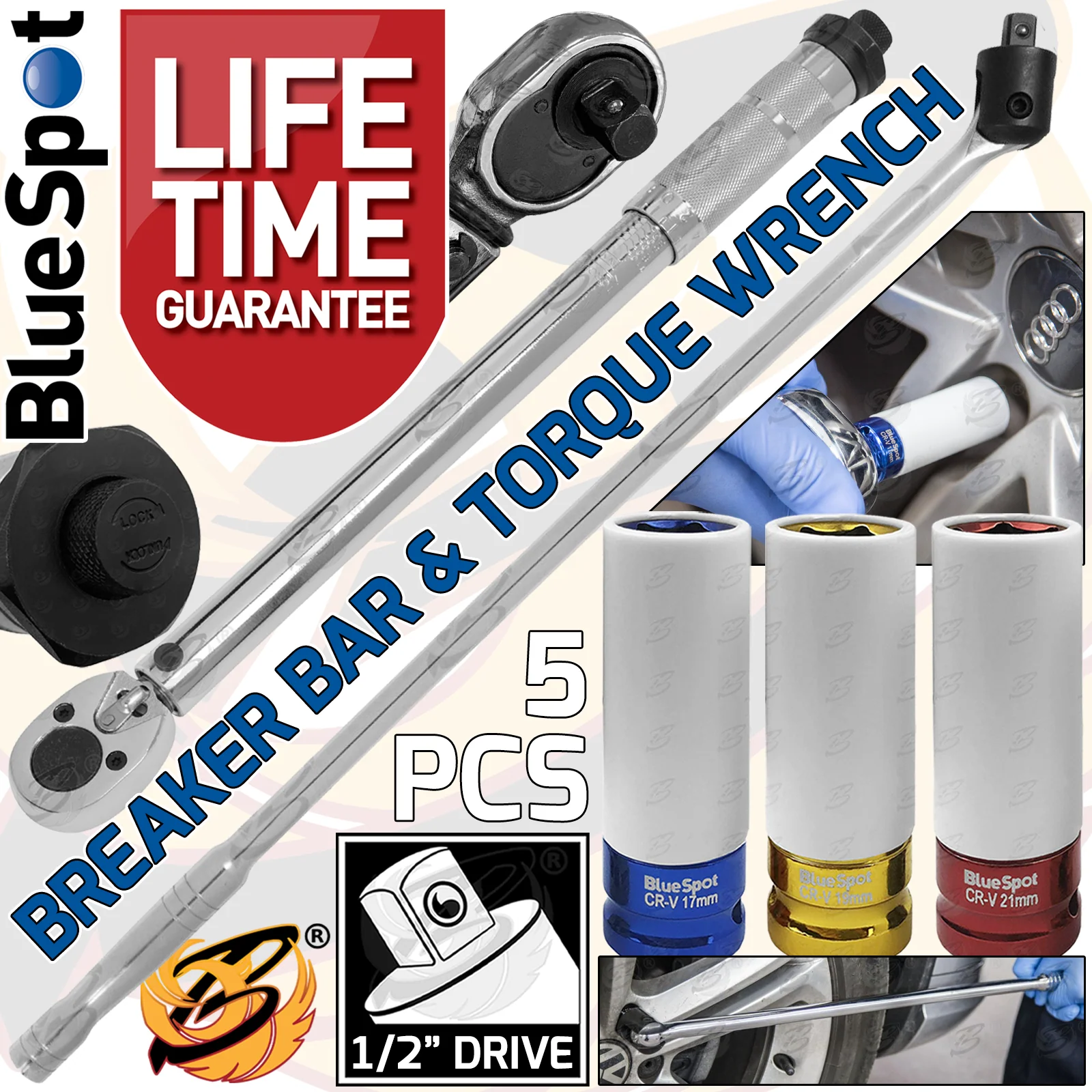 BLUESPOT 1/2″ DRIVE BREAKER BAR & CALIBRATED TORQUE WRENCH 42Nm – 210Nm & 3PCS 1/2″ DRIVE 6 POINT ALLOY WHEEL NUT SOCKETS