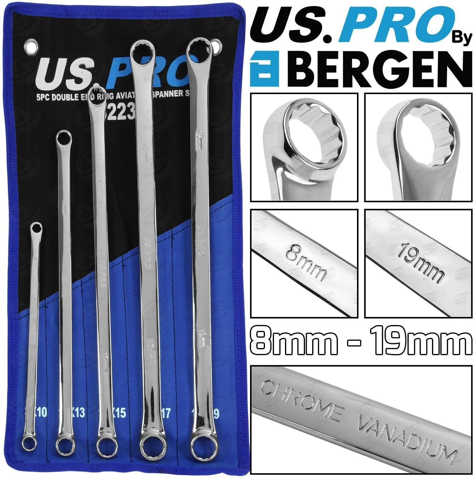 US Pro 5 Piece Extra Long Aviation Spanners 8mm – 19mm  3223