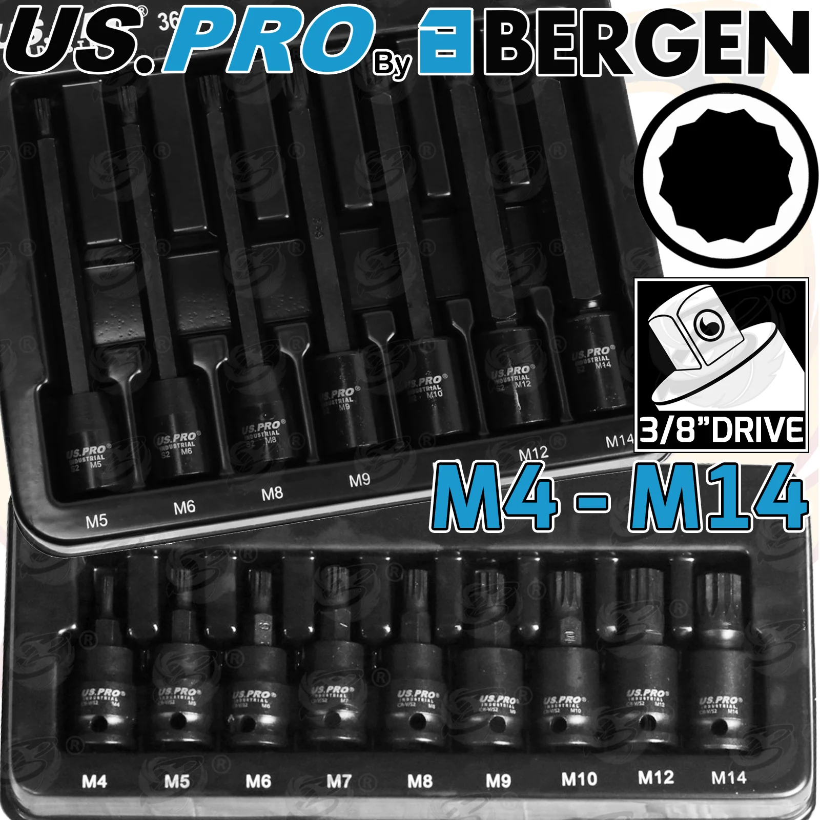 US Pro Impact 16 Piece 3/8″ Drive Long & Short Spline Bit Socket Set M4 – M14  3684 & 3932